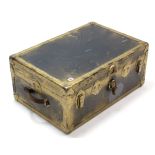 A gold painted fibre-covered travelling trunk with hinged lift-lid, & with leather side handles, 30”