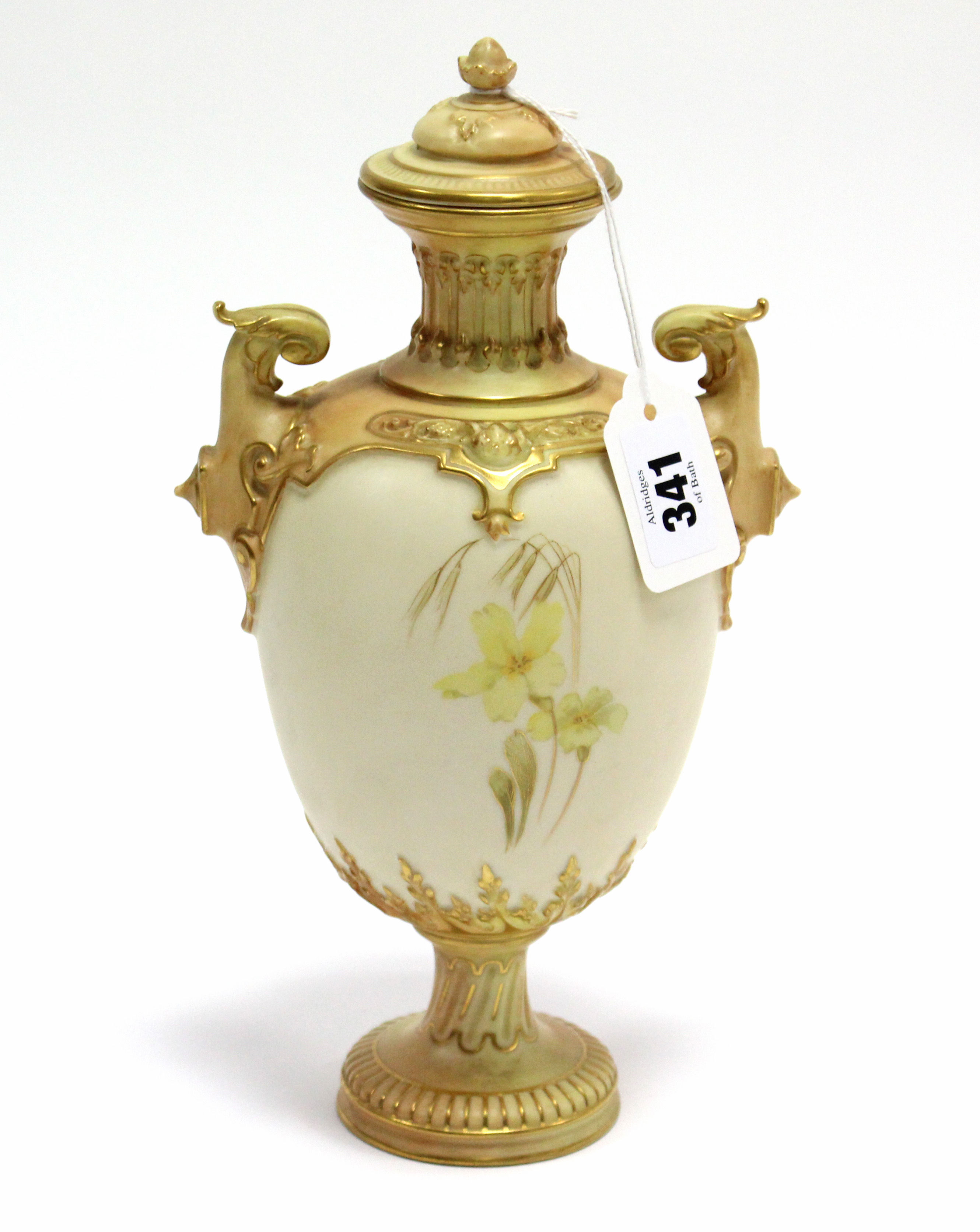 A late 19th century Royal Worcester porcelain ovoid two-handled vase & cover with yellow & white - Image 2 of 3