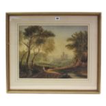 A large watercolour painting of a rural landscape with cattle & drover to the fore, unsigned, 15½” x