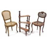 A set of reproduction library steps, 37” high; & two cane-seat occasional chairs, w.a.f.