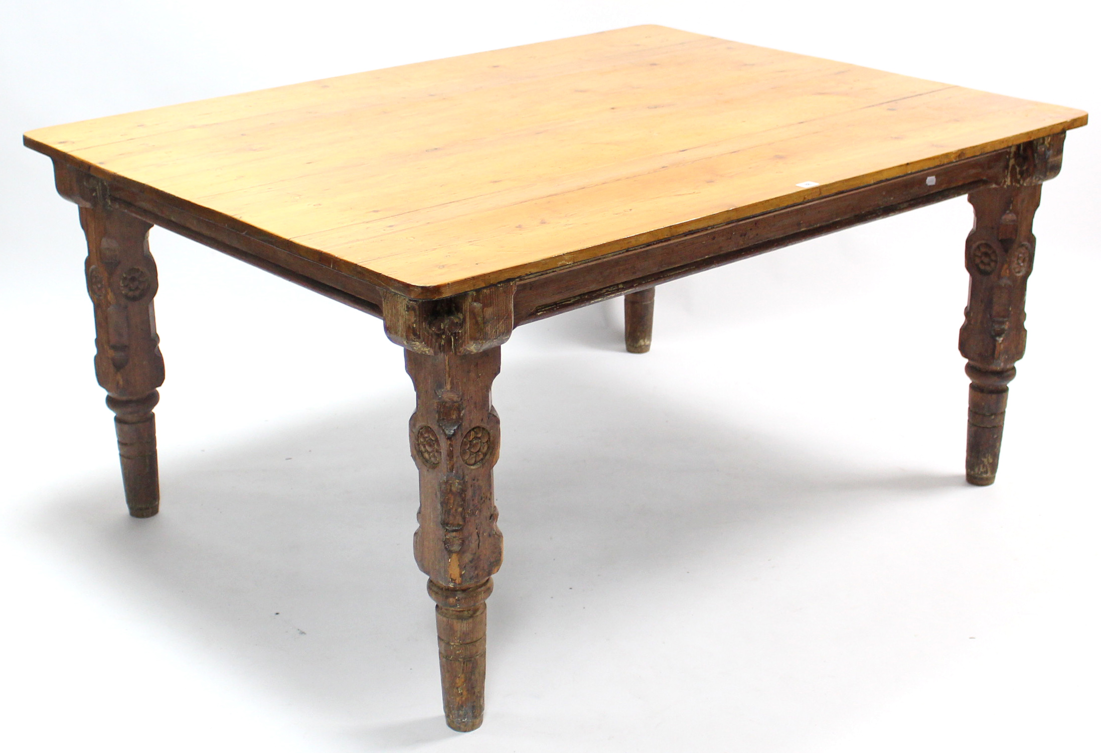 A Victorian pitch pine kitchen table on carved & turned legs, the later pine rectangular top with - Image 2 of 3
