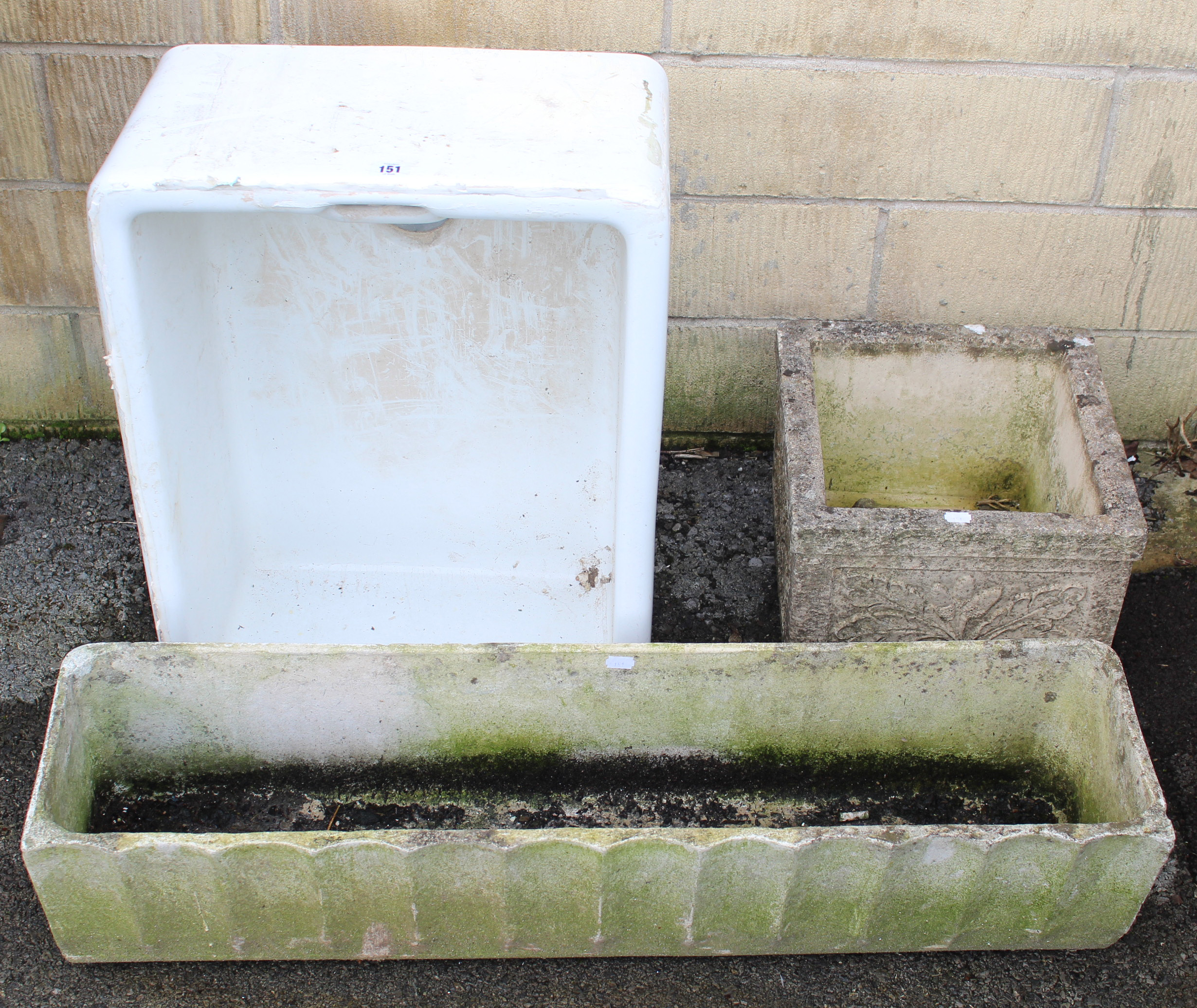 A White Belfast sink, 24” x 18” x 10”; a garden trough; & a garden jardinière.