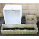 A White Belfast sink, 24” x 18” x 10”; a garden trough; & a garden jardinière.