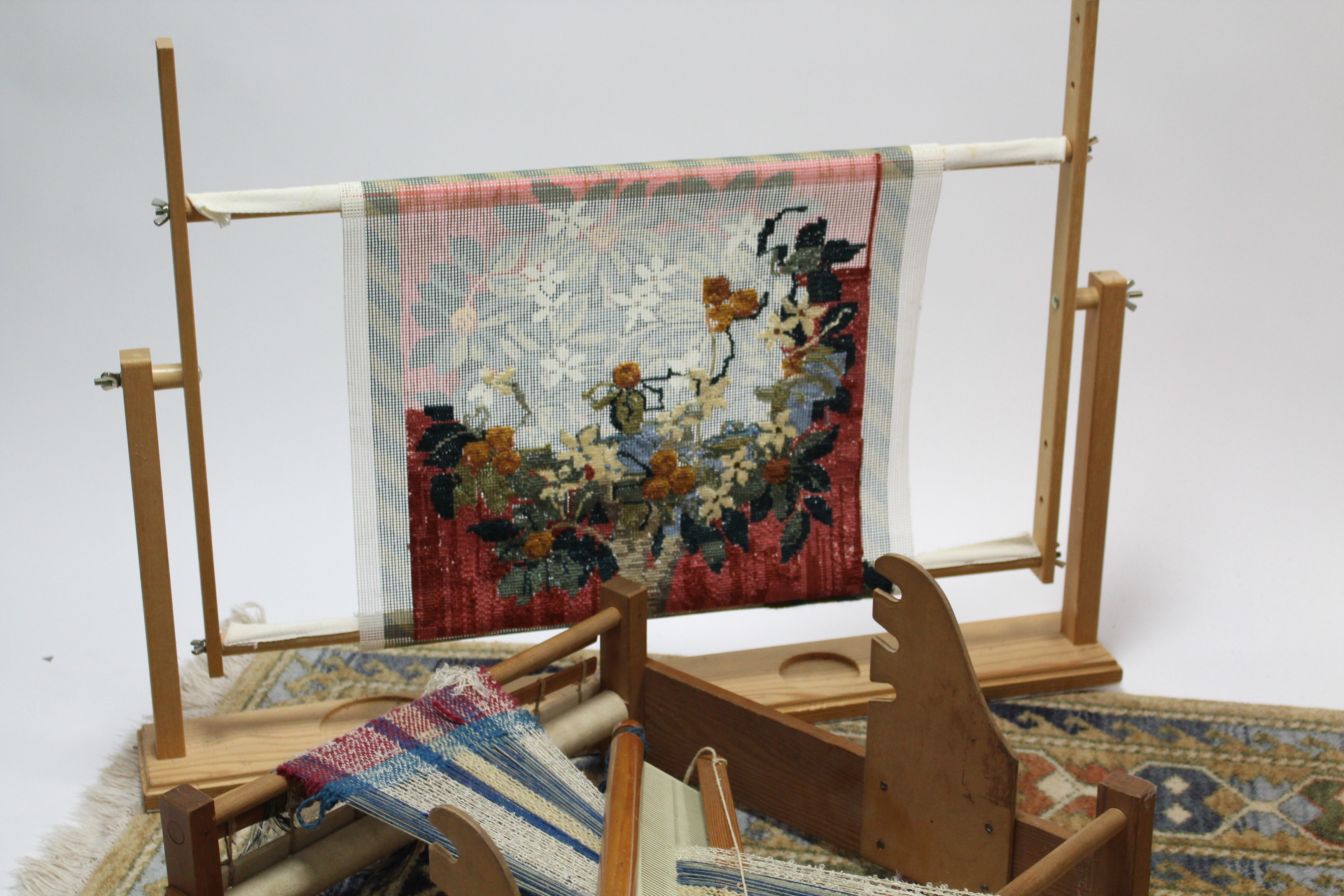 A teak rectangular two-tier tea trolley, 24” wide; together with a Belgian rug; & two tapestry - Image 2 of 3