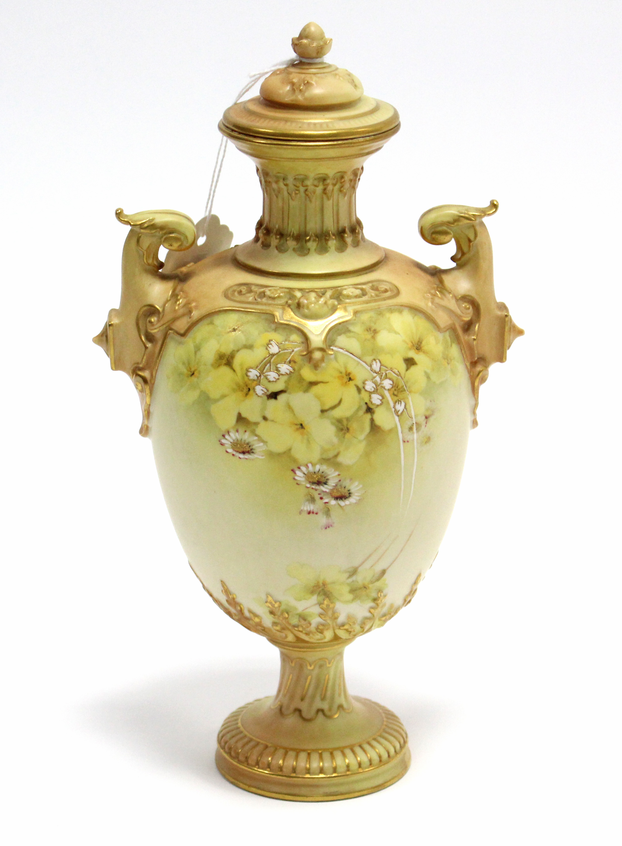 A late 19th century Royal Worcester porcelain ovoid two-handled vase & cover with yellow & white