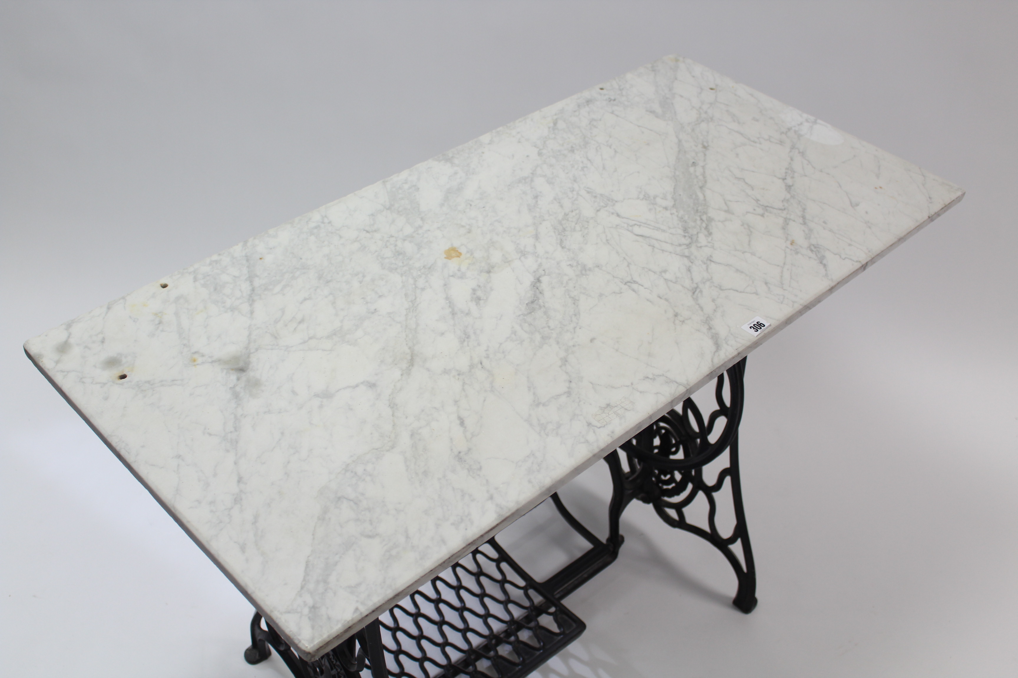 A Singer cast-iron treadle-sewing machine base with white-marble top, 42” wide. - Image 4 of 4