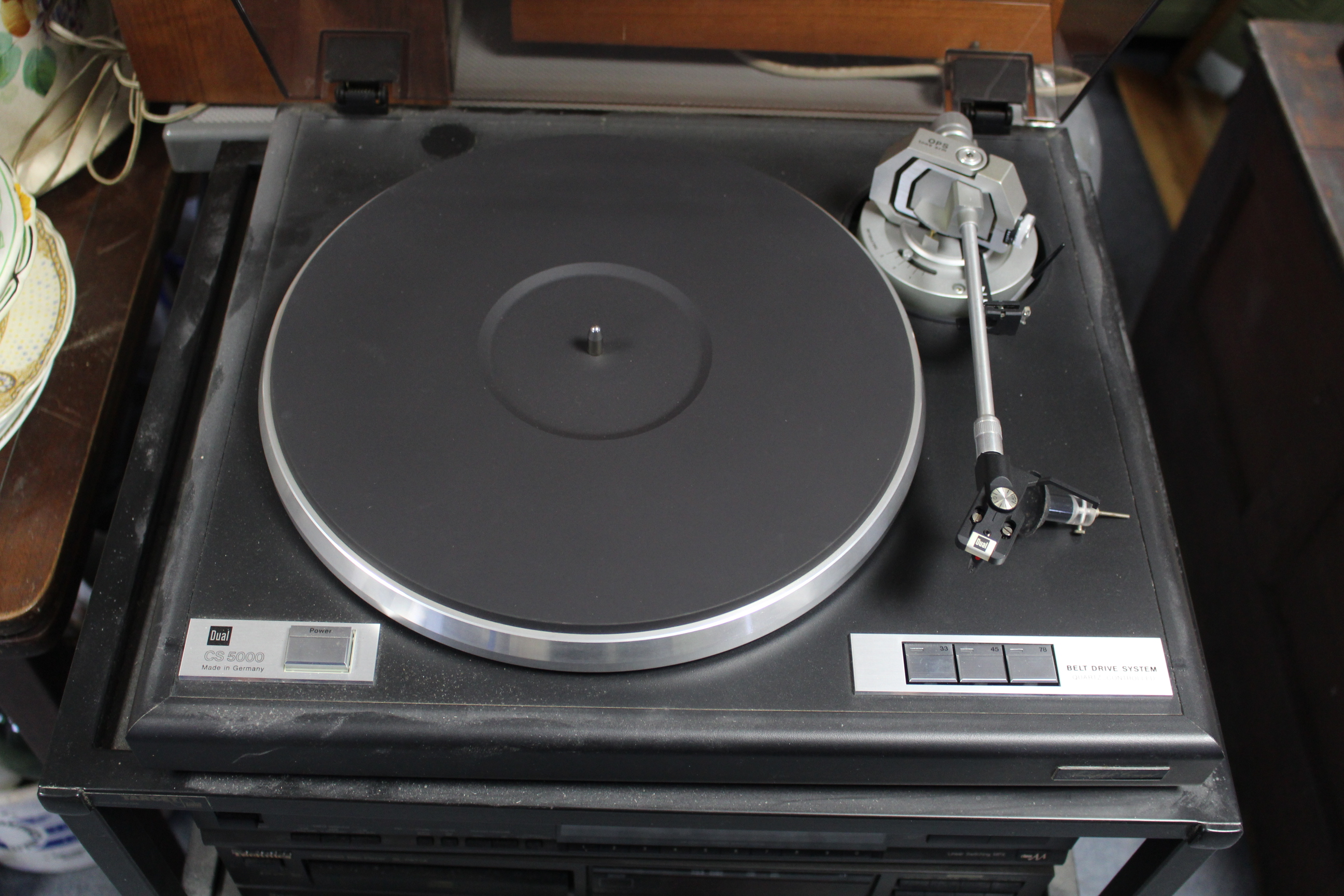 A Technics stacking hi-fi system; two other turntables; a pair of Philips hi-fi speakers, etc.