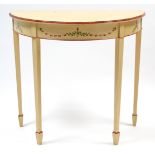 A cream & multi-coloured floral painted wooden demi-lune side table on four square tapered legs, 33”