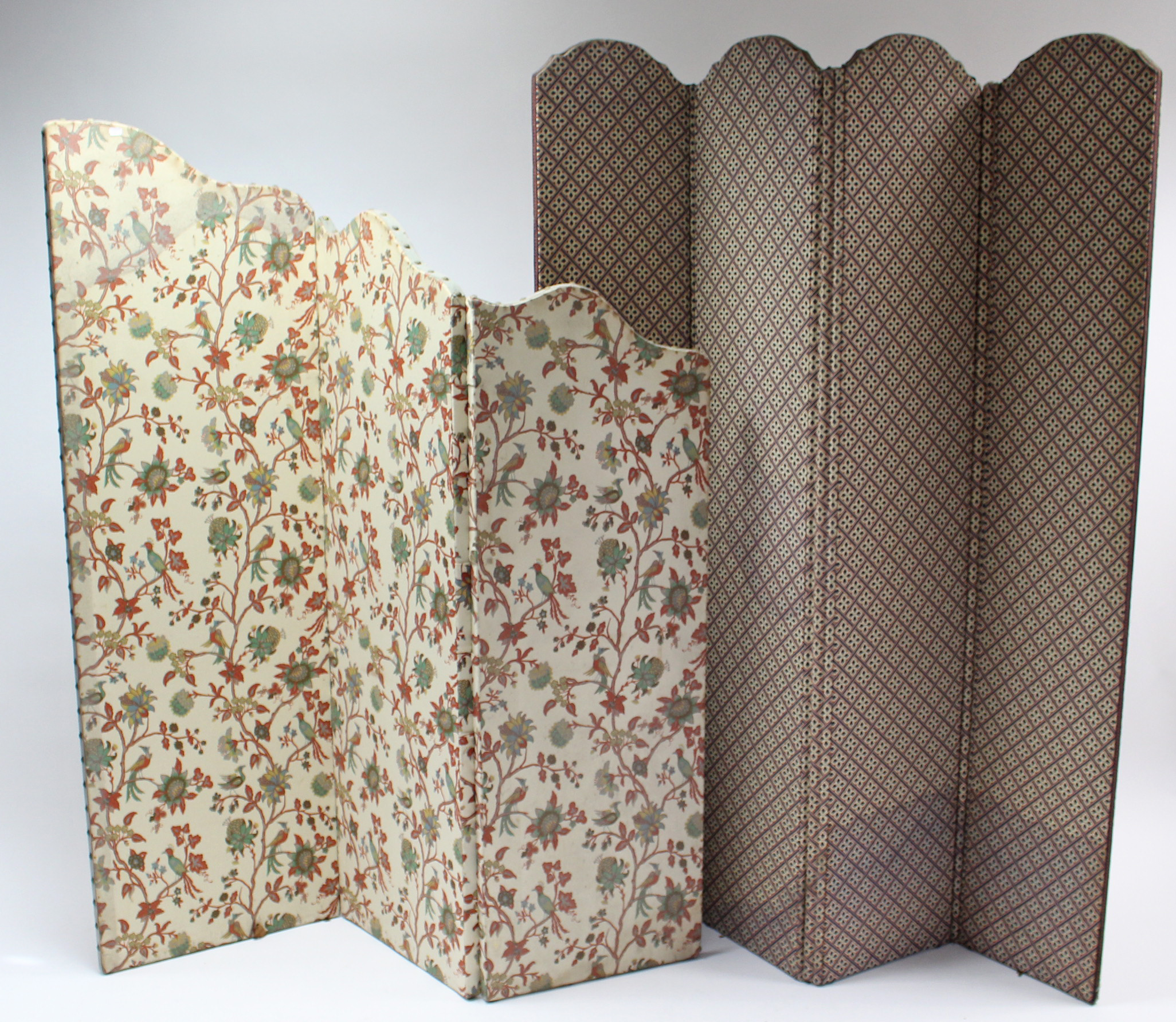 A cloth-covered four-fold draught screen, 72” high; & a threefold ditto, 67¾” high.
