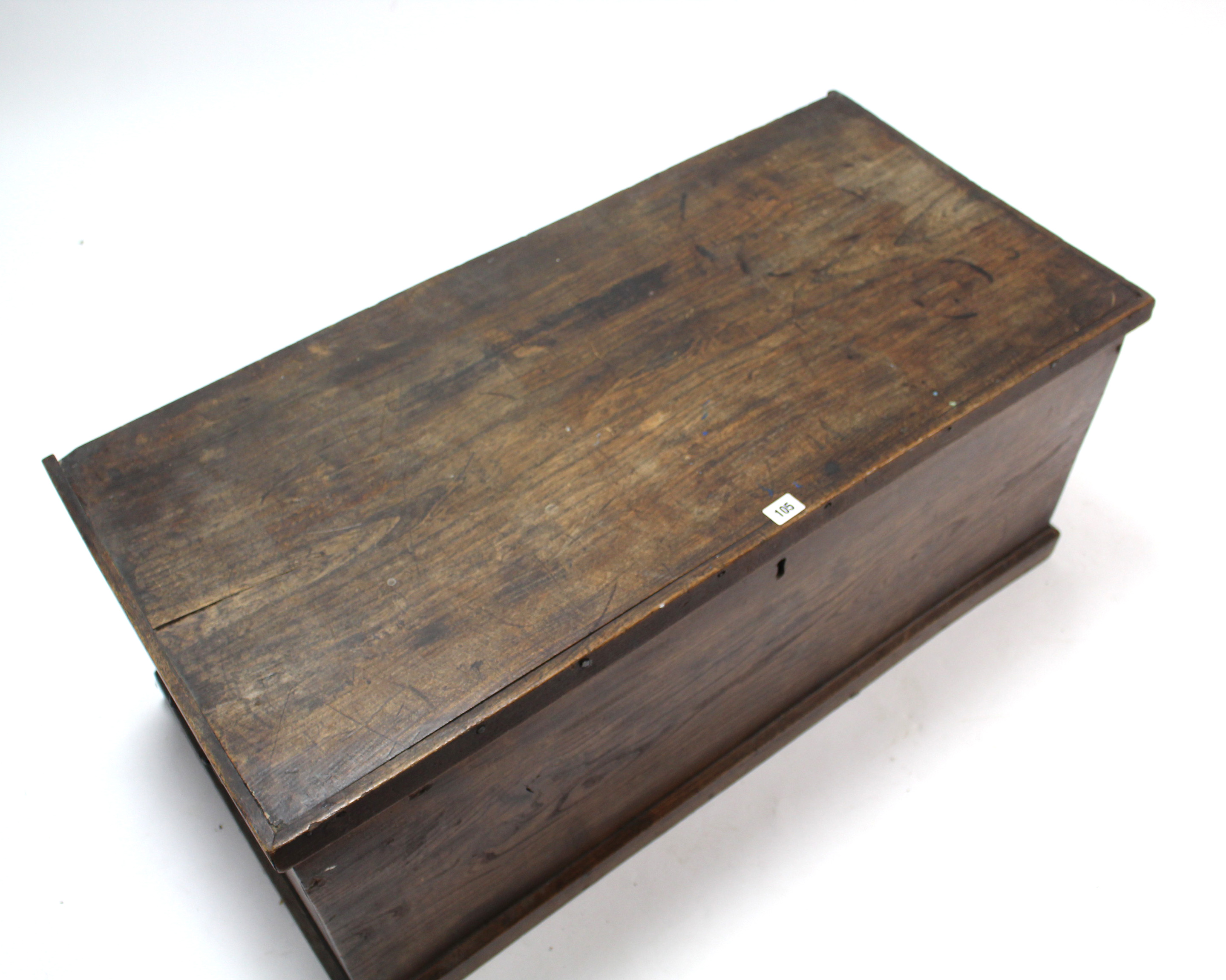 A 19th century elm blanket box with hinged lift-lid, wrought iron side handles, & on plinth base, - Image 3 of 3