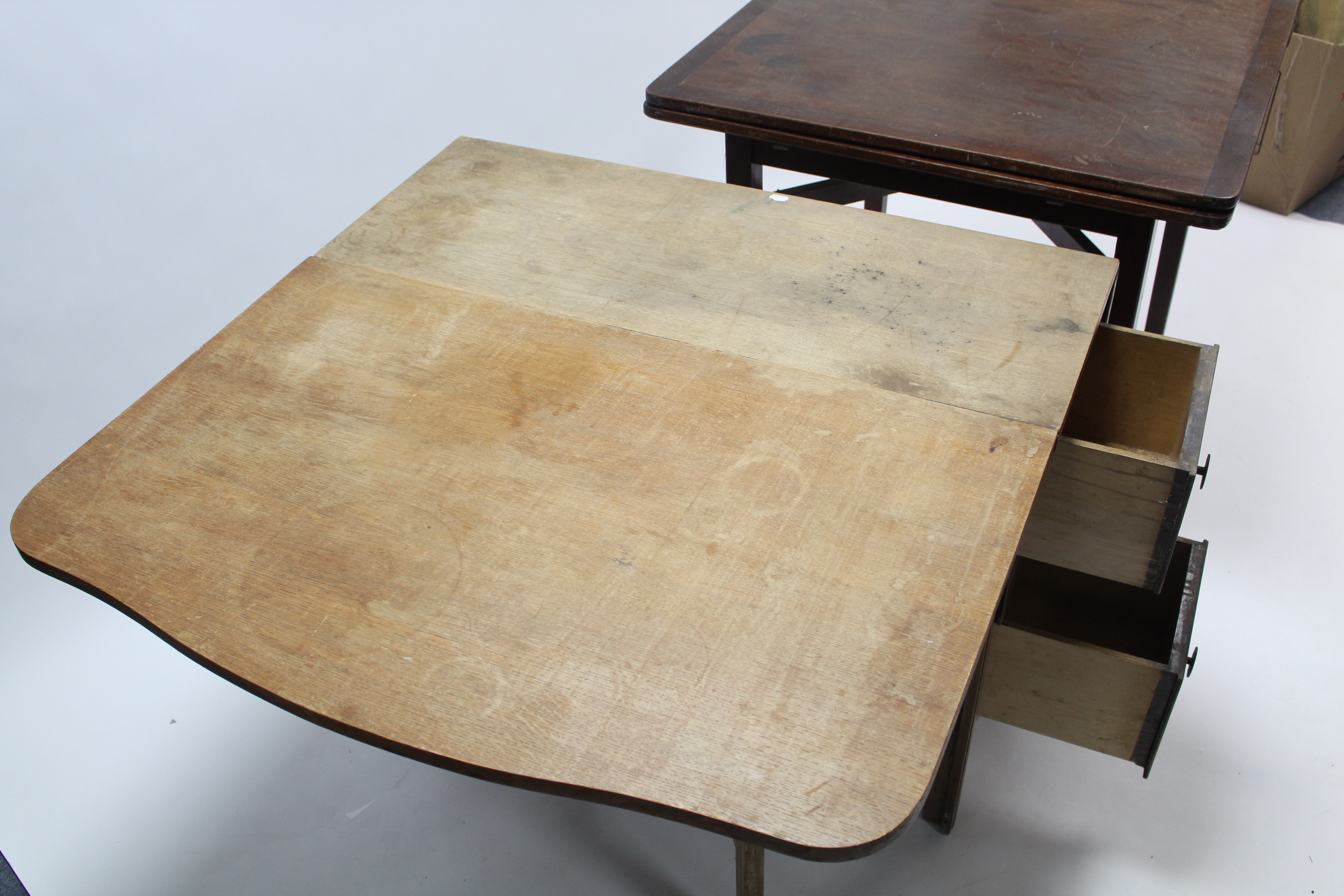 A mid-20th century mahogany draw-leaf dining table on square tapered legs with diagonal stretcher, - Image 5 of 5