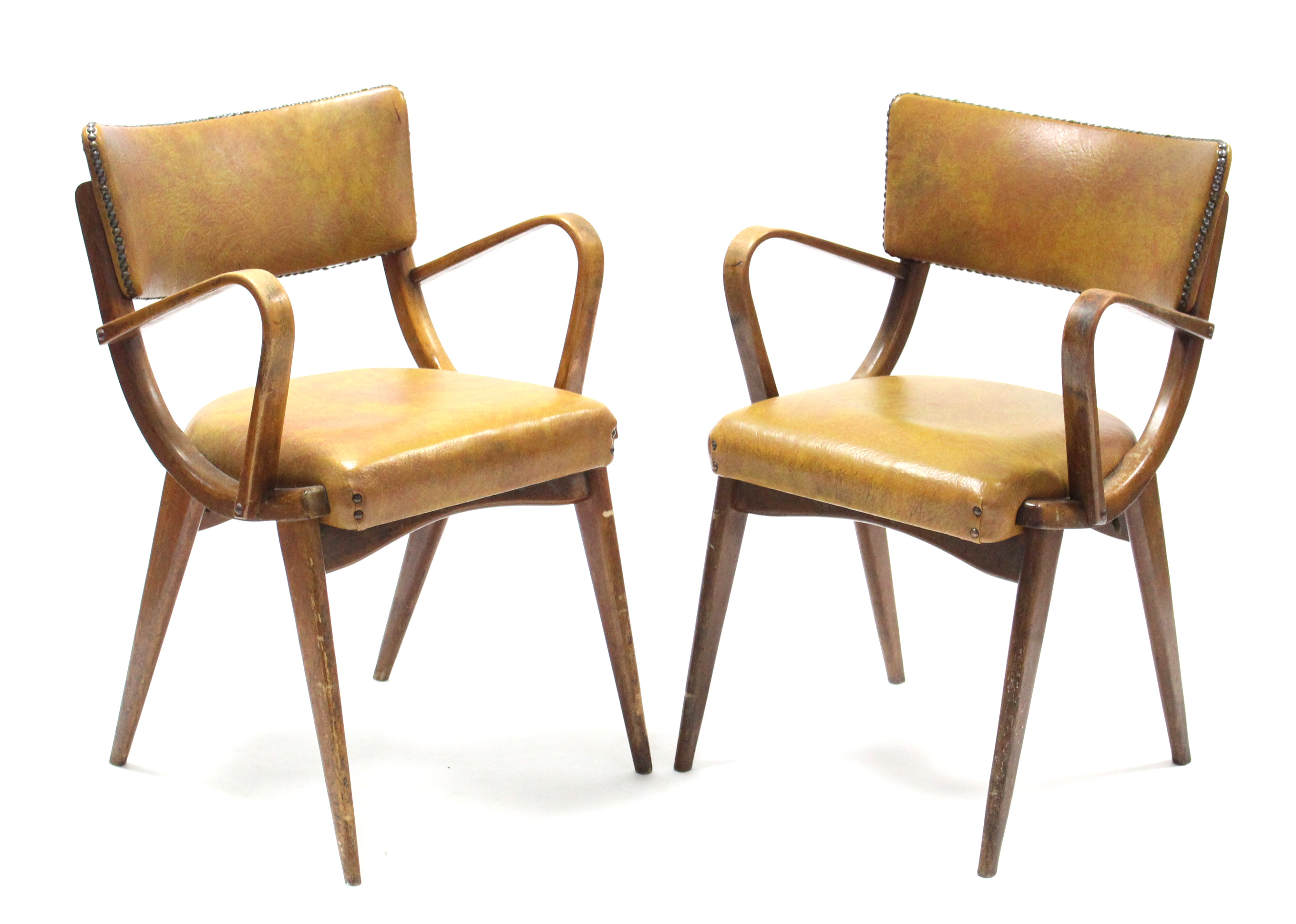 A pair of retro-style 'Benchairs' with padded seats & backs upholstered tan leatherette, & on