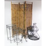 A bamboo three-fold draught screen; a wrought-metal hat & coat stand; a ditto corner whatnot &