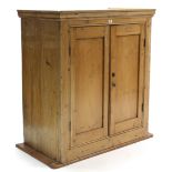 A pine dwarf cupboard, fitted two shelves enclosed by pair of panel doors, & on plinth base, 37¾”