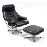 A ‘Skoghaug Industries’ of Norway black leather reclining easy chair & matching footstool, with