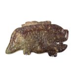 A Chinese russet & green Jade flat-sided carving of a fish; 7¼” long x 4” high (small piece