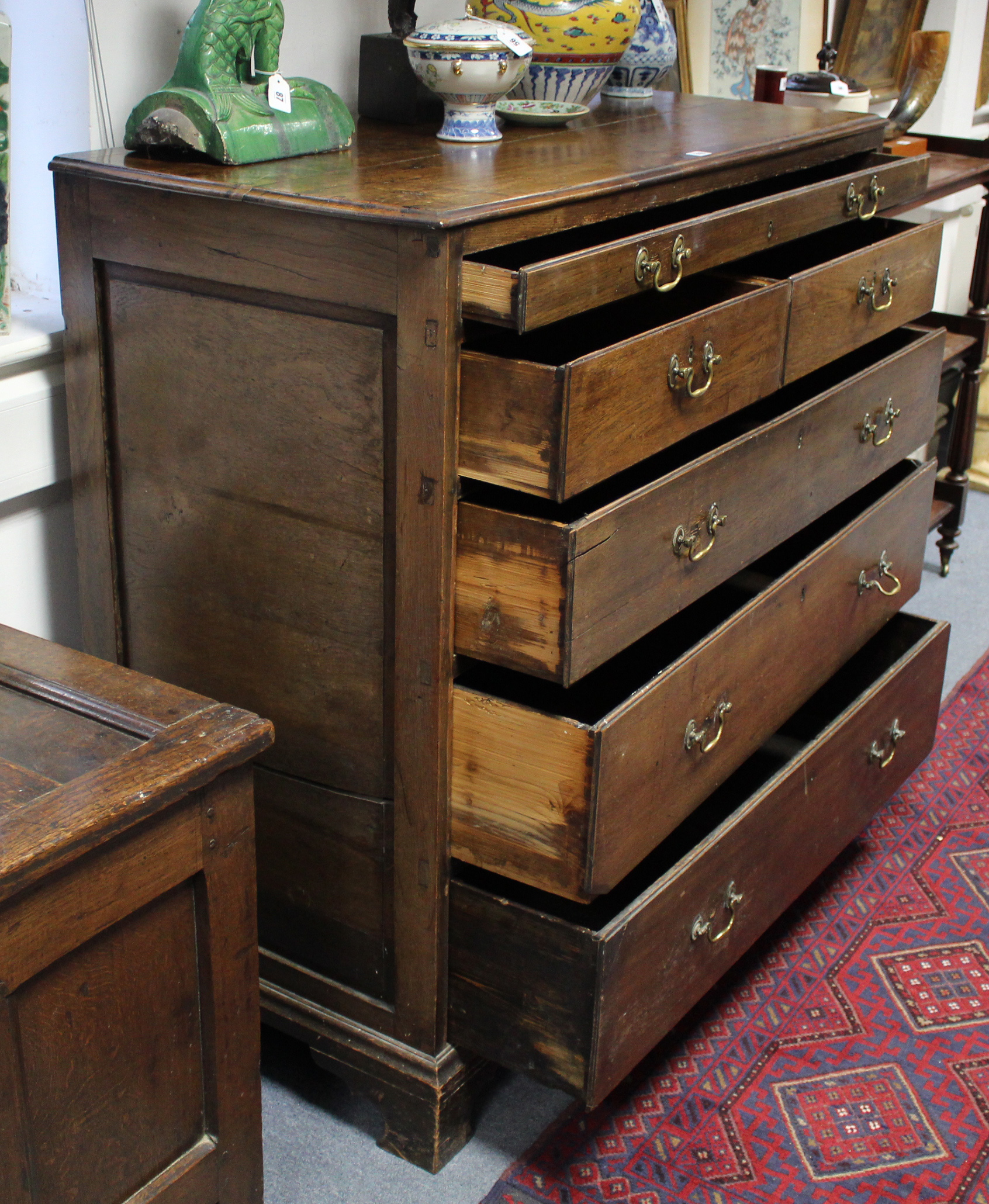 An early 18th century large oak chest, fitted full-width shallow drawer above two short - Image 3 of 3