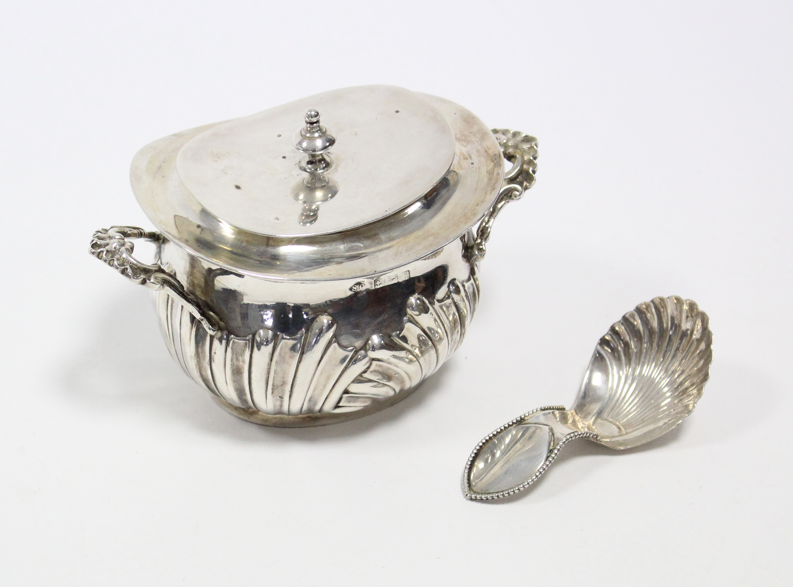 An Edwardian silver two-handled tea caddy of oval semi-fluted form, with removable lid, 4½” wide, - Image 2 of 4
