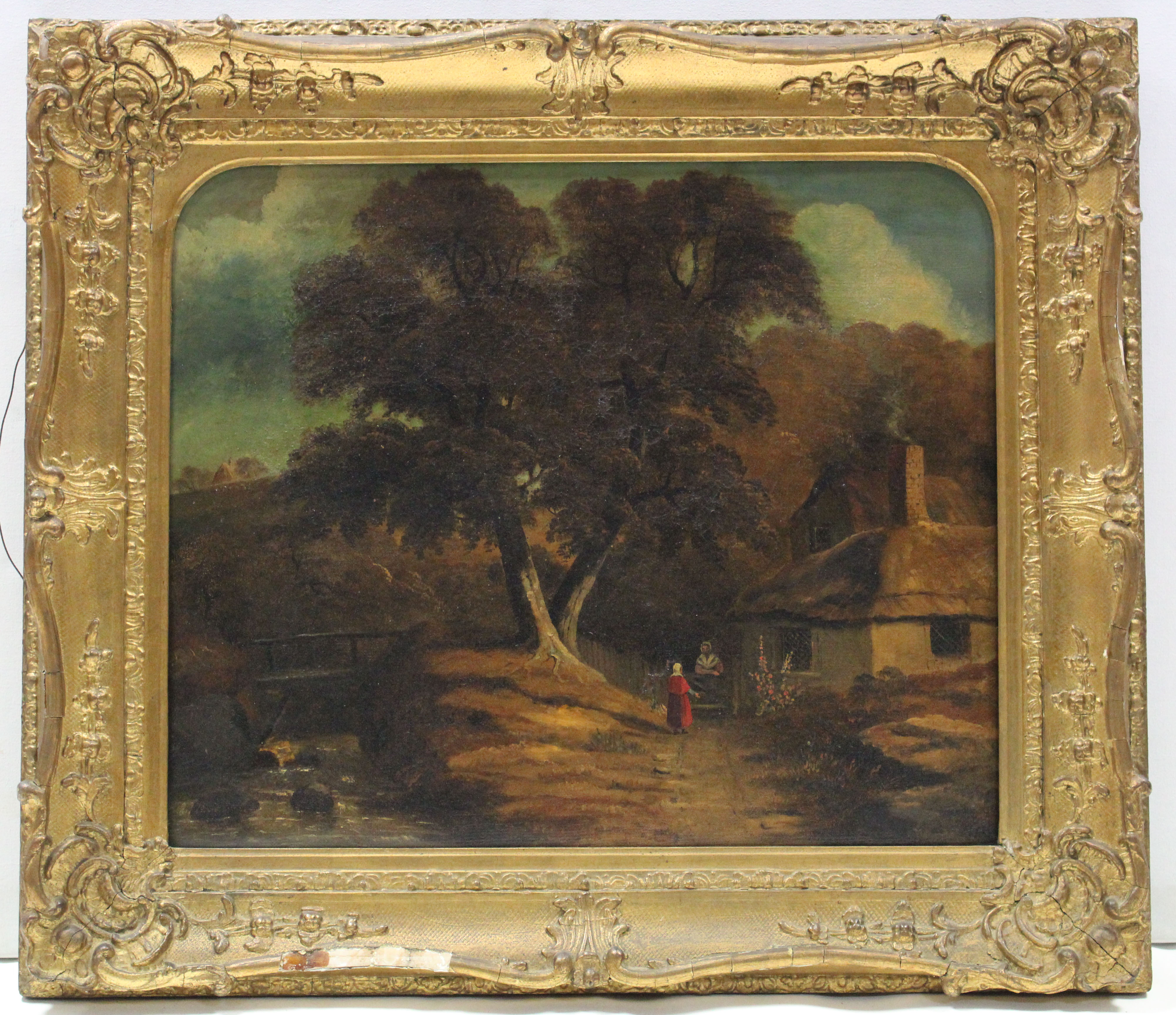 ENGLISH SCHOOL, 19th century. Figures beside a cottage in a wooded landscape. Oil on canvas: 20¼”