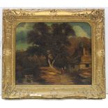 ENGLISH SCHOOL, 19th century. Figures beside a cottage in a wooded landscape. Oil on canvas: 20¼”