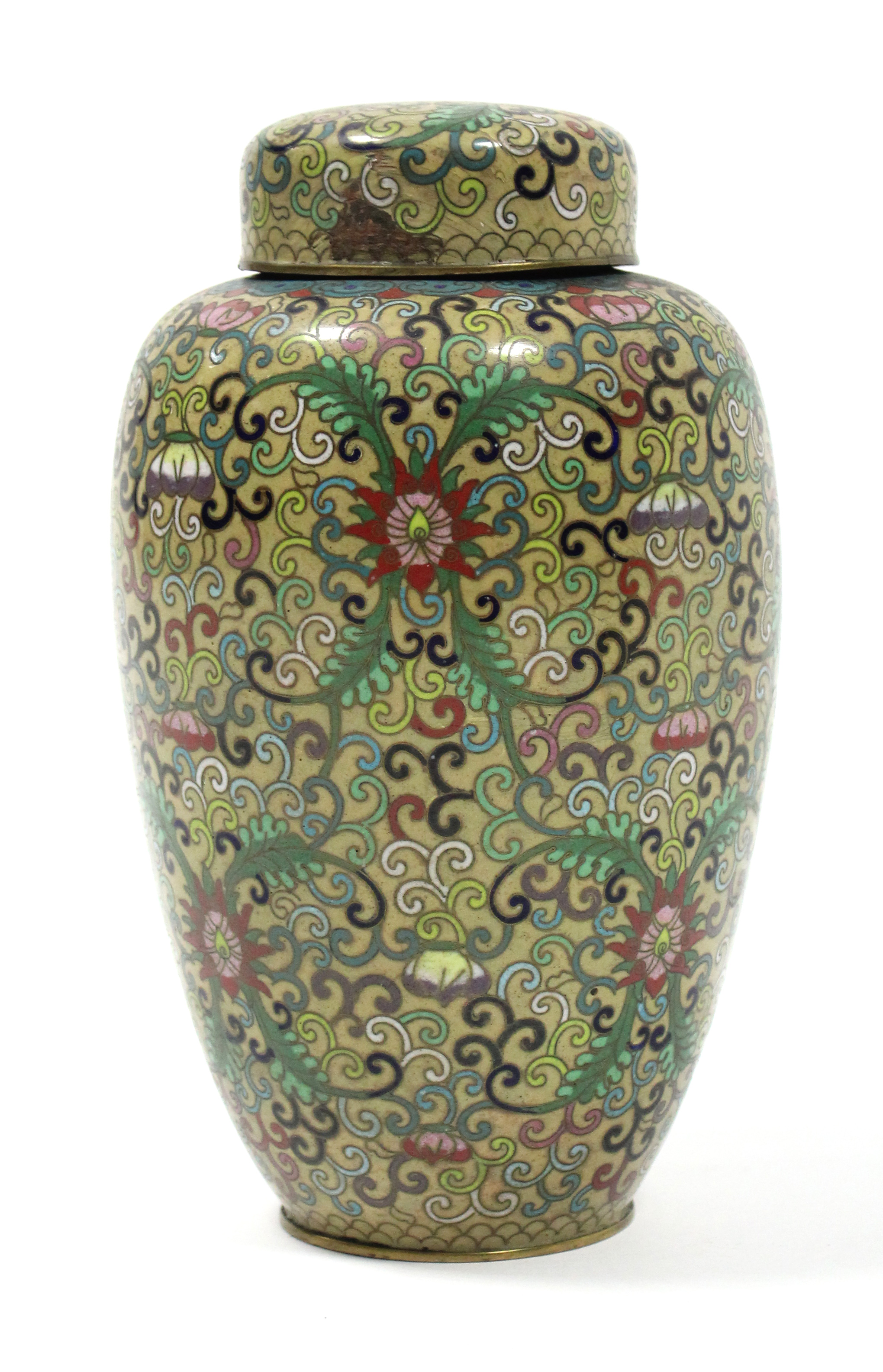A late 19th/early 20th century Chinese cloisonné ovoid vase with stylised scrolling foliate design