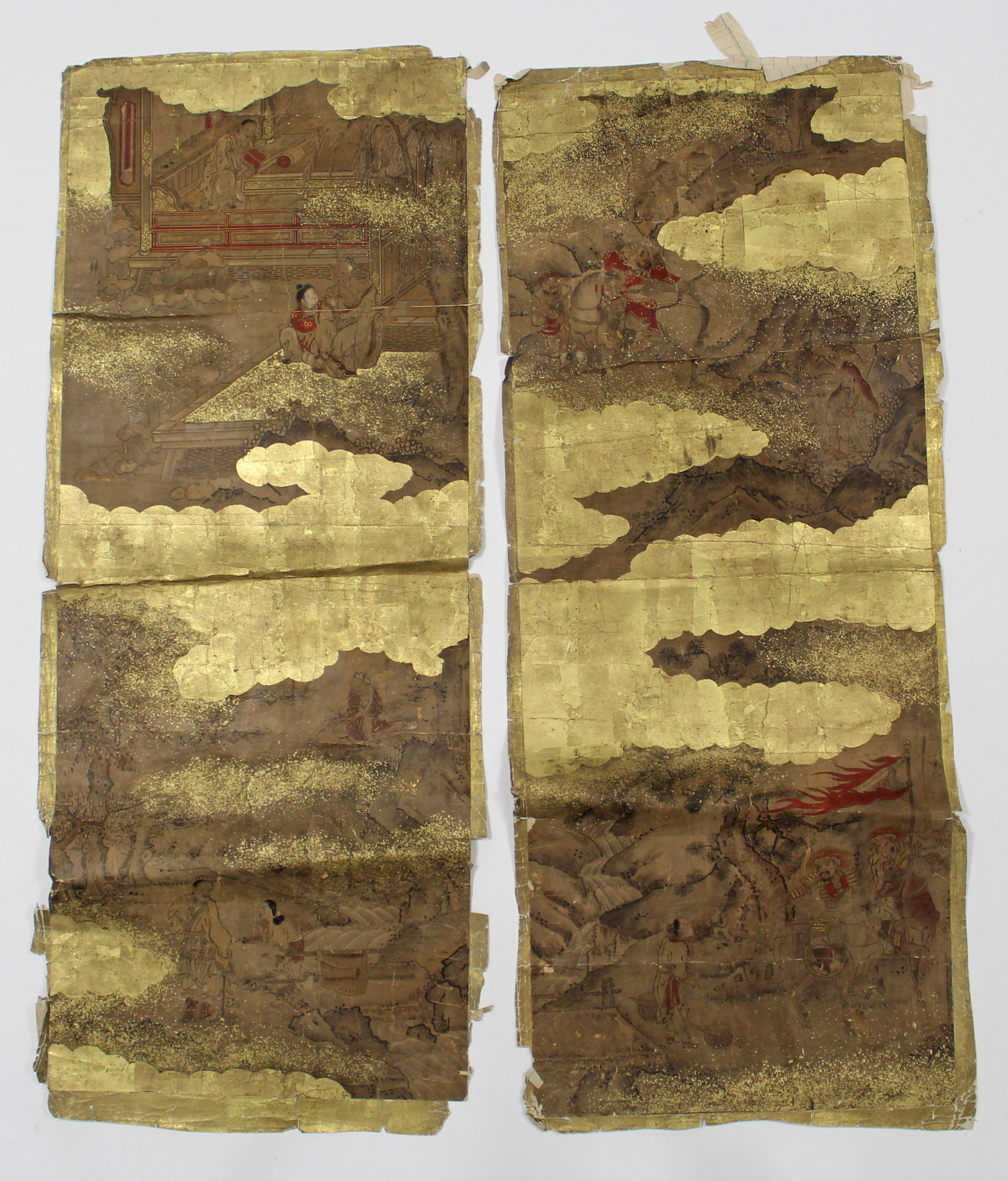 Two Chinese watercolour & gilt paintings of figures in a clouded mountainous landscape, 46” x 19”,