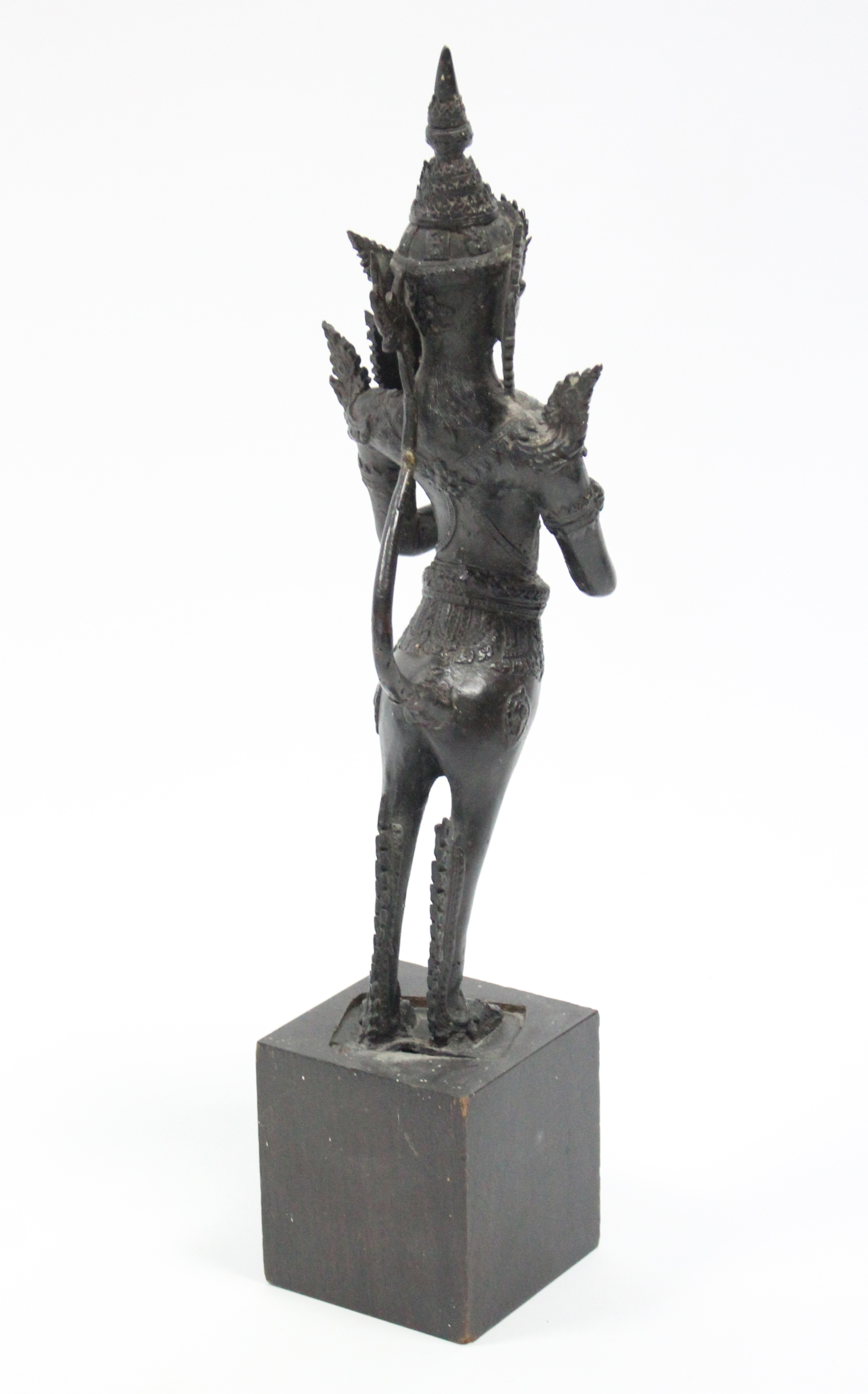 A Thai bronze standing figure of Kinnara with hands in prayer; 15¾” high, on wooden block base. - Image 5 of 5