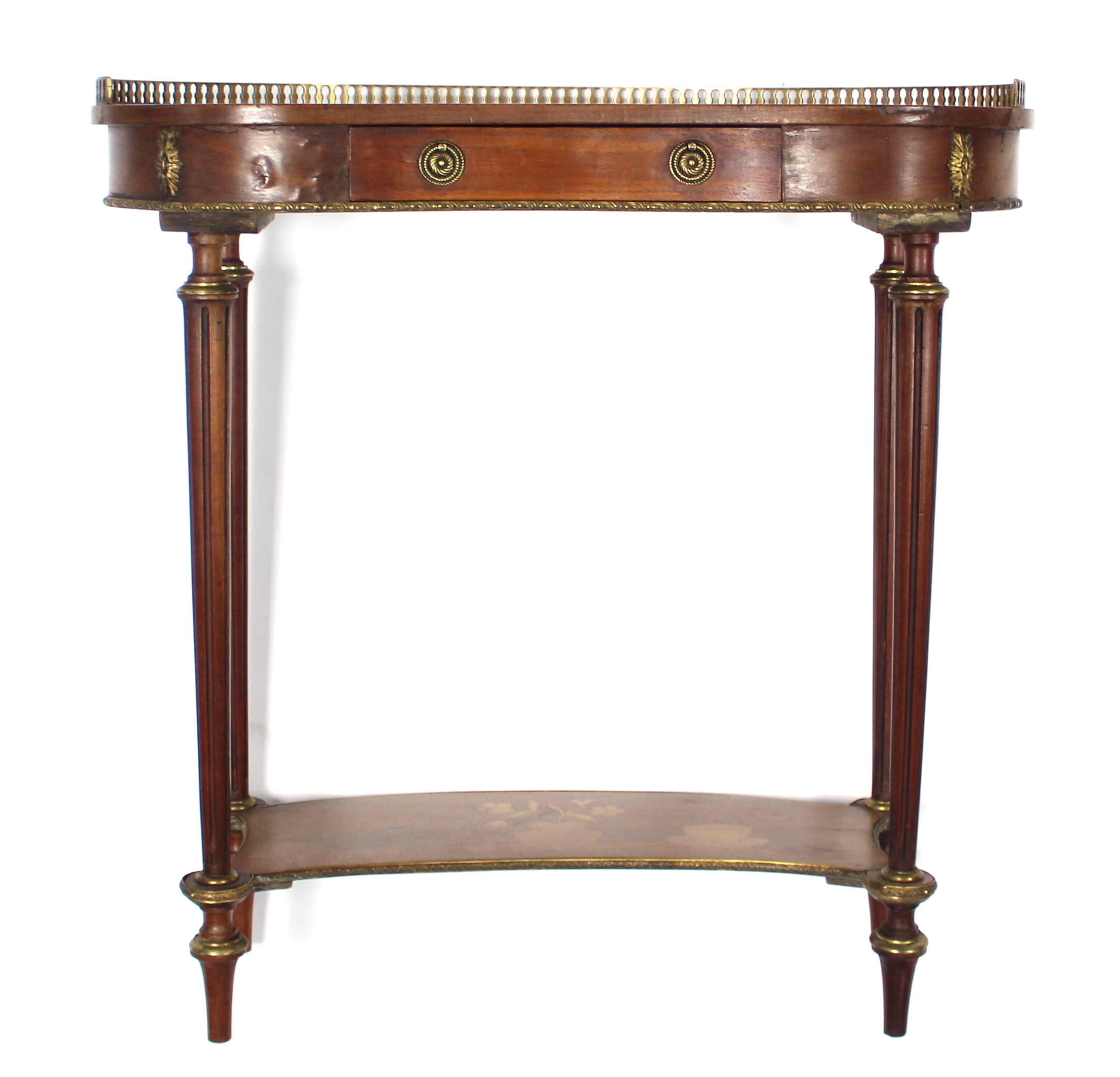 A Louis XVI style mahogany kidney-shaped occasional table with floral marquetry top, brass gallery &