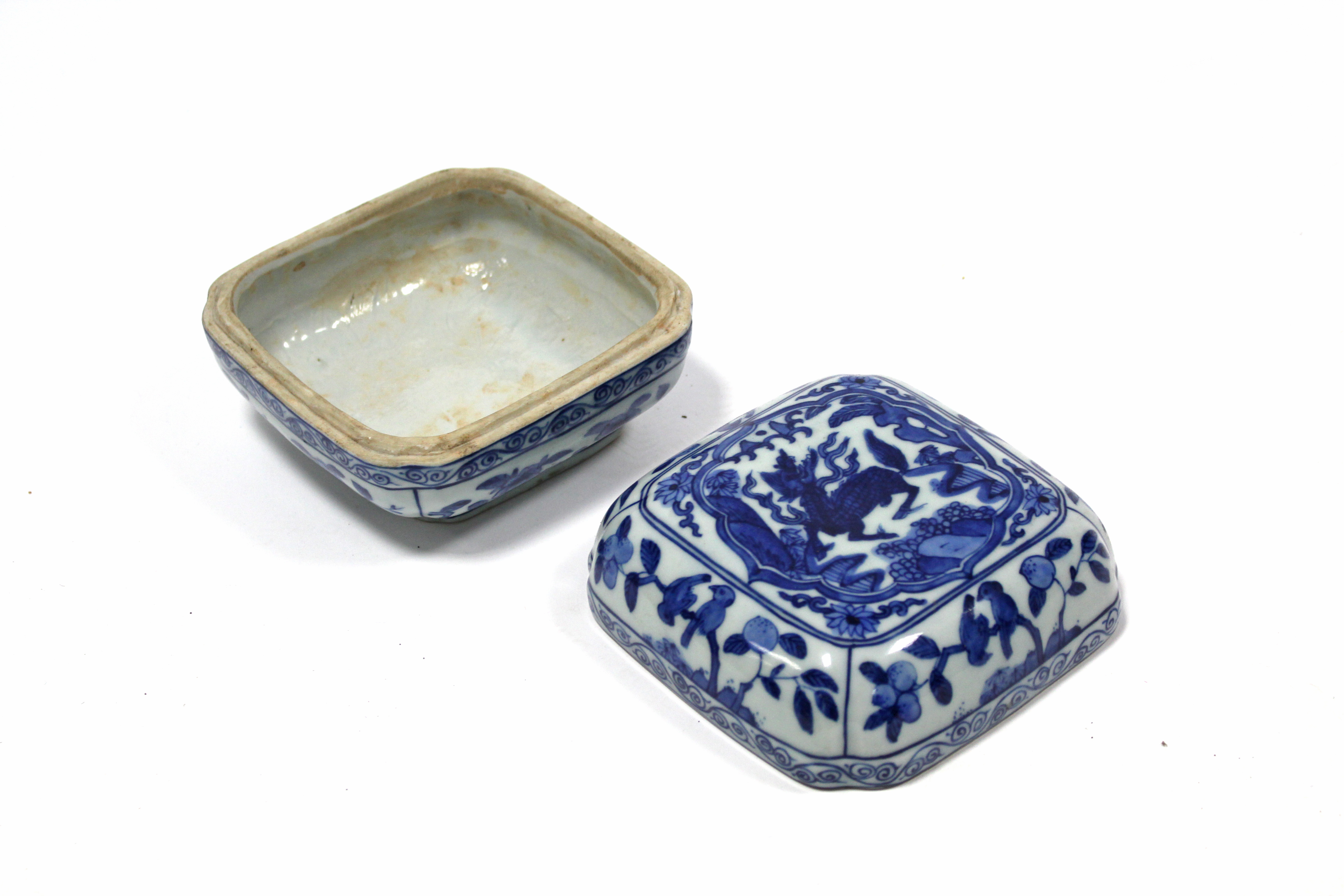 A Chinese blue & white porcelain square box & cover, decorated with Kylin in a landscape, floral - Image 2 of 3