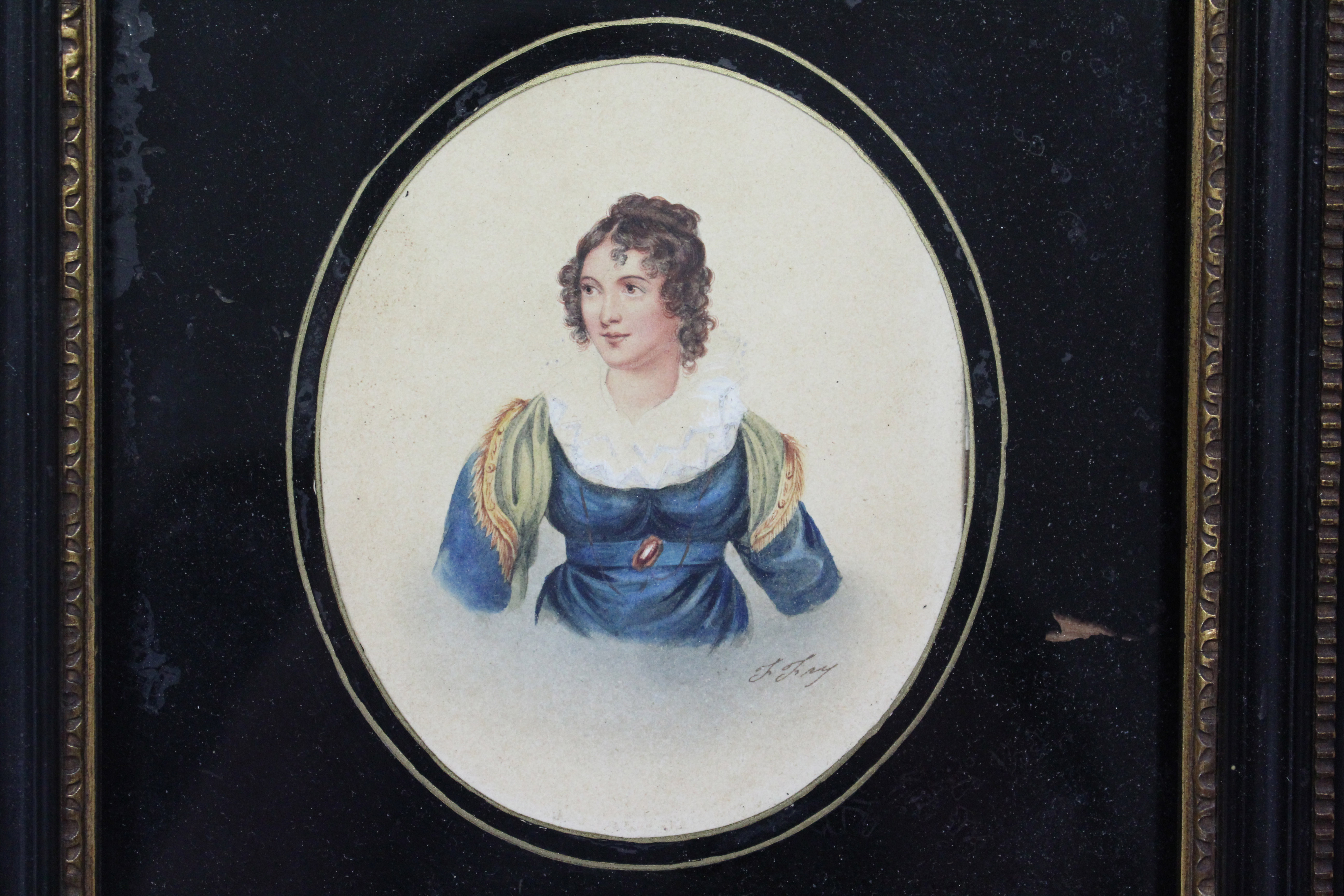 A 19th century portrait of a young lady holding a dove, signed F. Fry, watercolour: 4¾” x 3¾” ( - Image 3 of 3