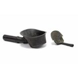A Chinese archaistic bronze ceremonial ladle with relief decoration on a key-pattern ground, plain