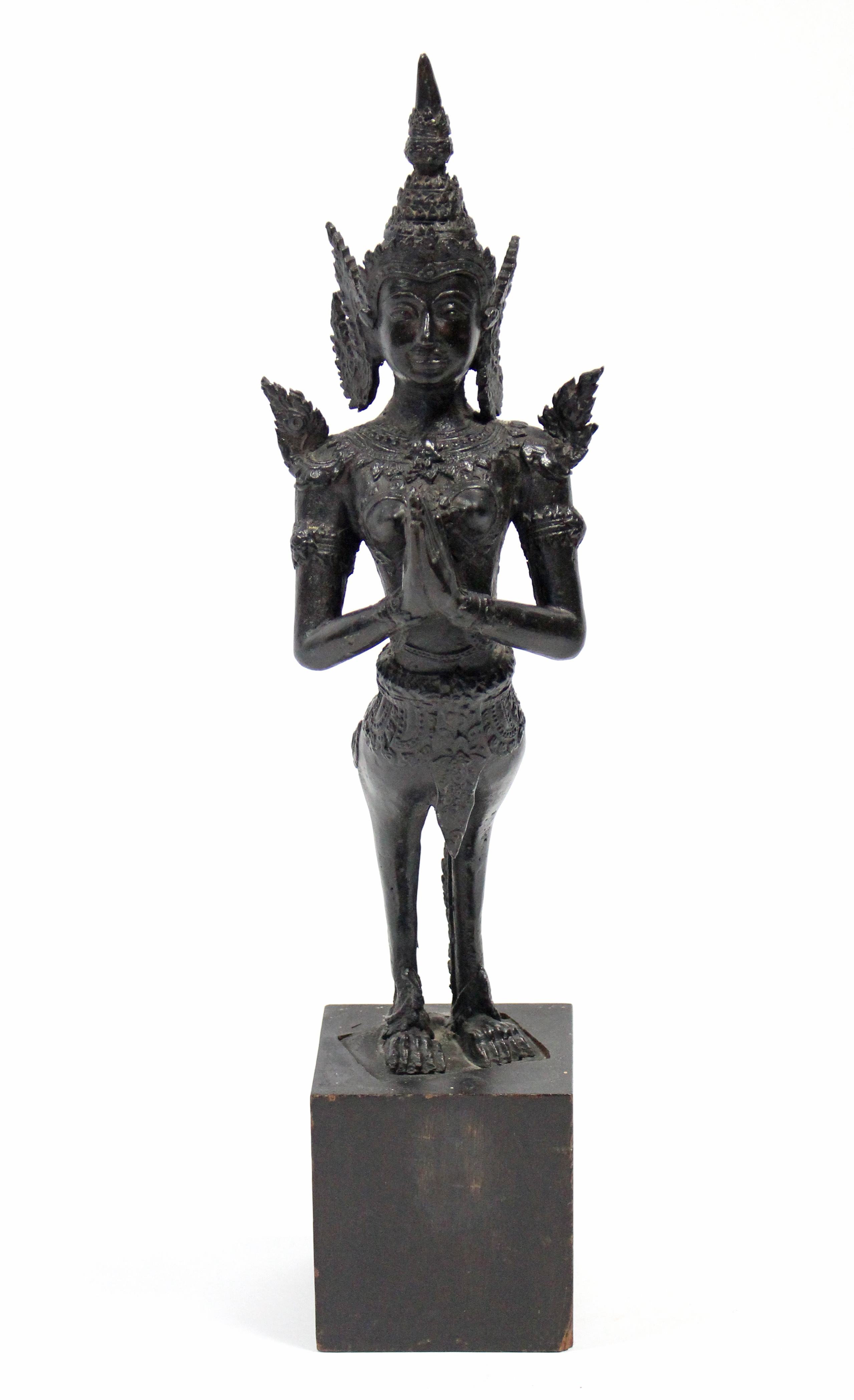 A Thai bronze standing figure of Kinnara with hands in prayer; 15¾” high, on wooden block base. - Image 3 of 5