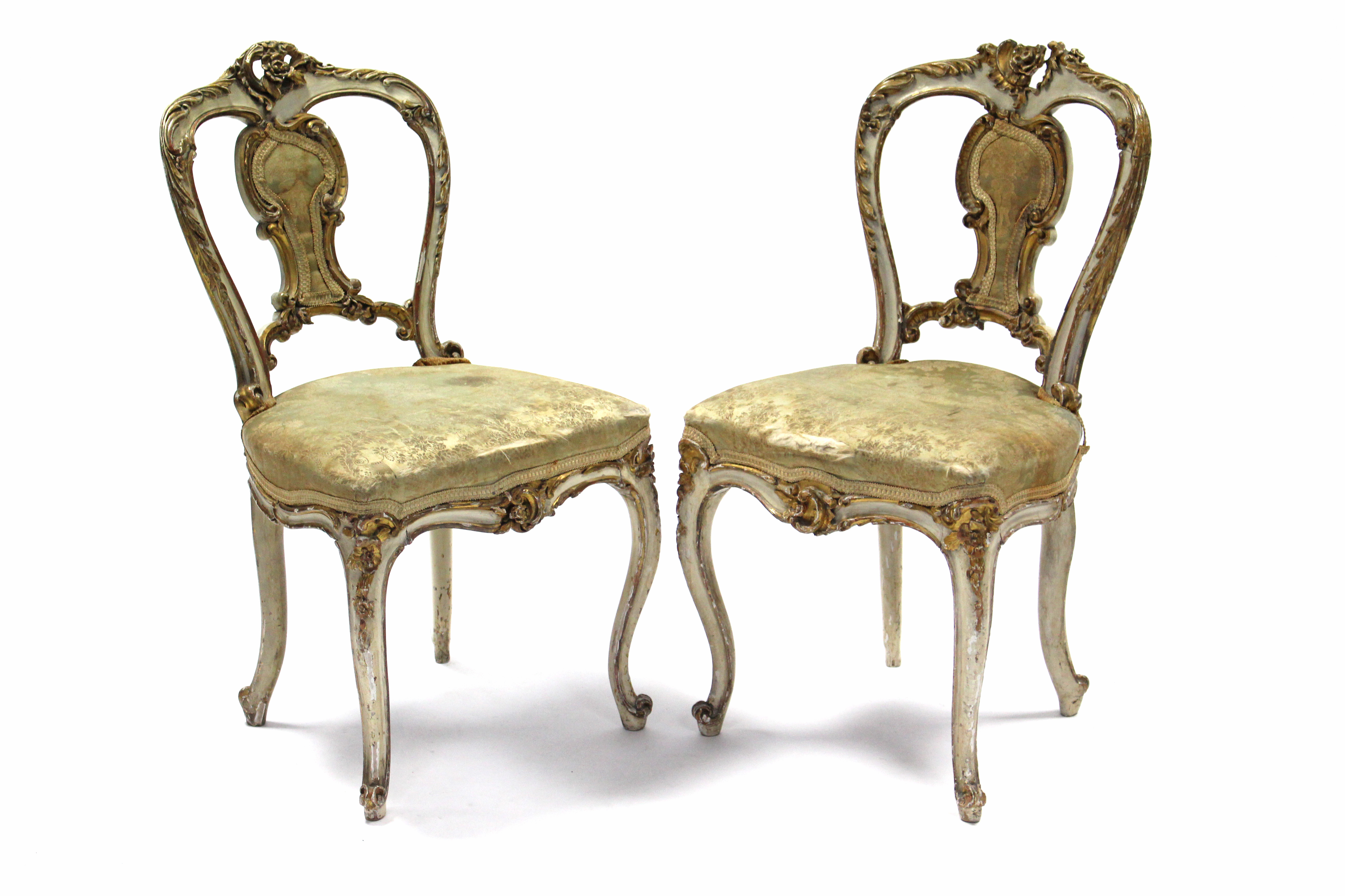 A pair of 19th century French cream & gilt painted salon chairs with rococo-style foliate carving, - Image 2 of 3