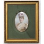 KATE HARRIS (d. 1908). A portrait miniature of Queen Alexandra, wearing pearls & jewelled crown.