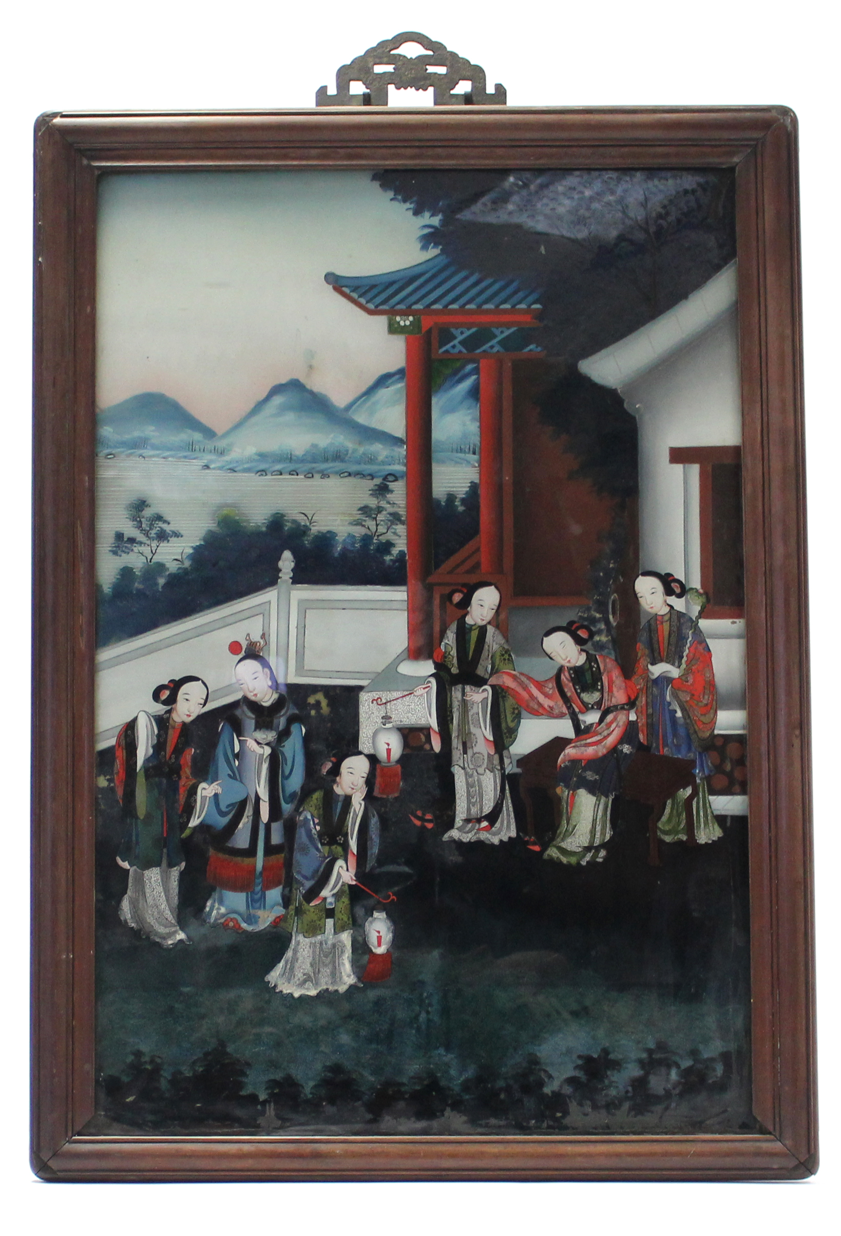 A late 19th/early 20th century Chinese large reverse-painting on glass depicting figures holding a