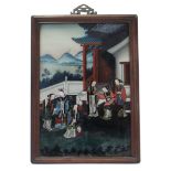A late 19th/early 20th century Chinese large reverse-painting on glass depicting figures holding a