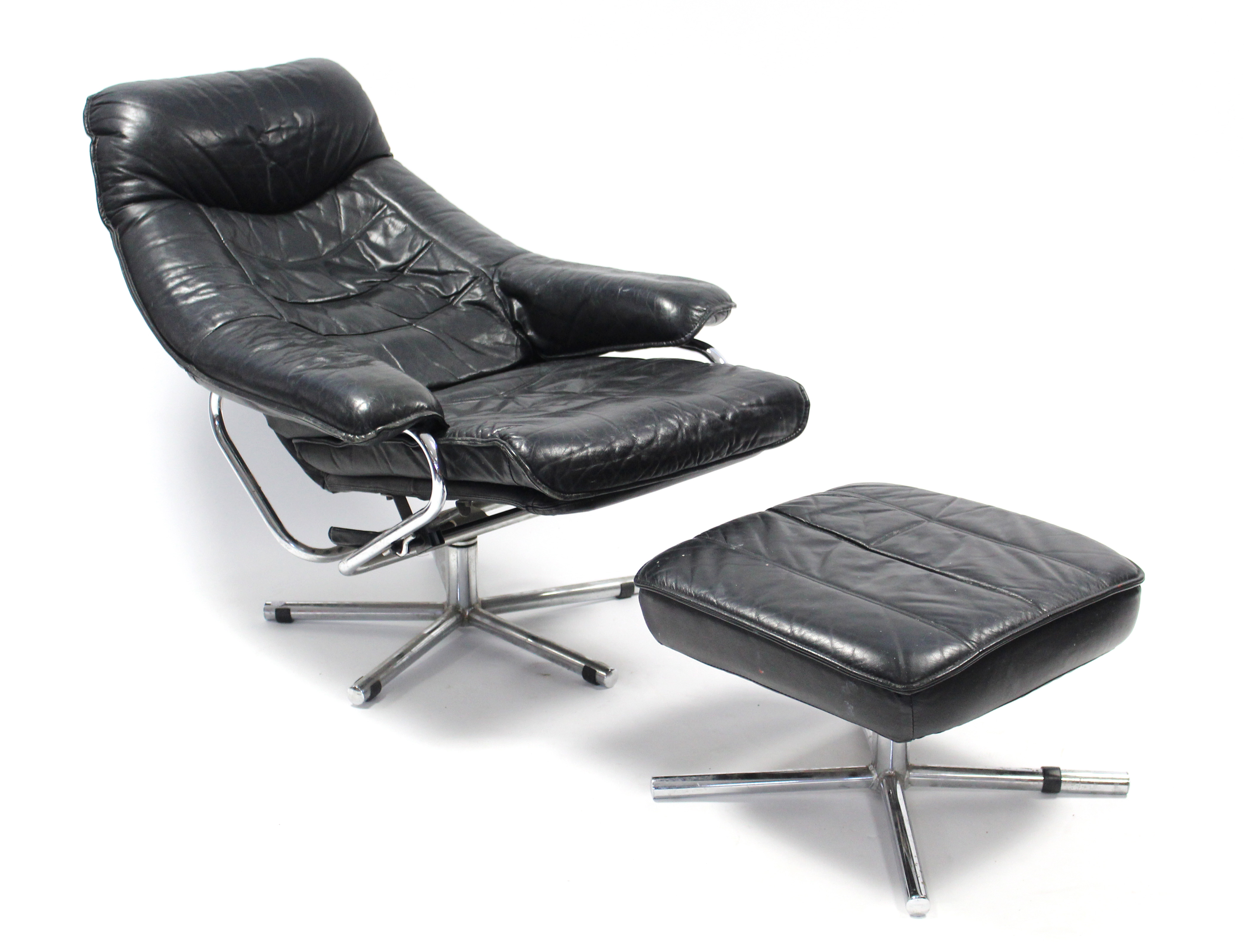 A ‘Skoghaug Industries’ of Norway black leather reclining easy chair & matching footstool, with - Image 2 of 6