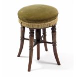 An early Victorian mahogany adjustable piano stool with padded circular seat on central screw, &