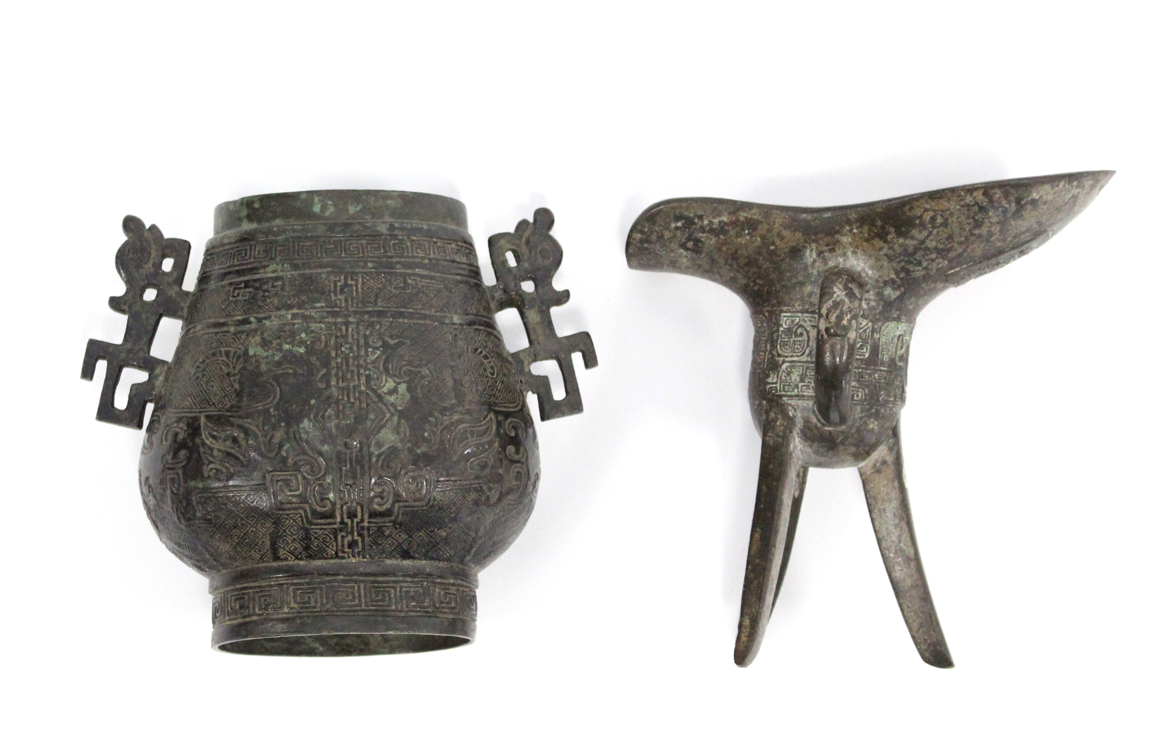 A Chinese archaistic bronze flat-sided baluster vase with pierced zoomorphic side handles & all-over - Image 2 of 7