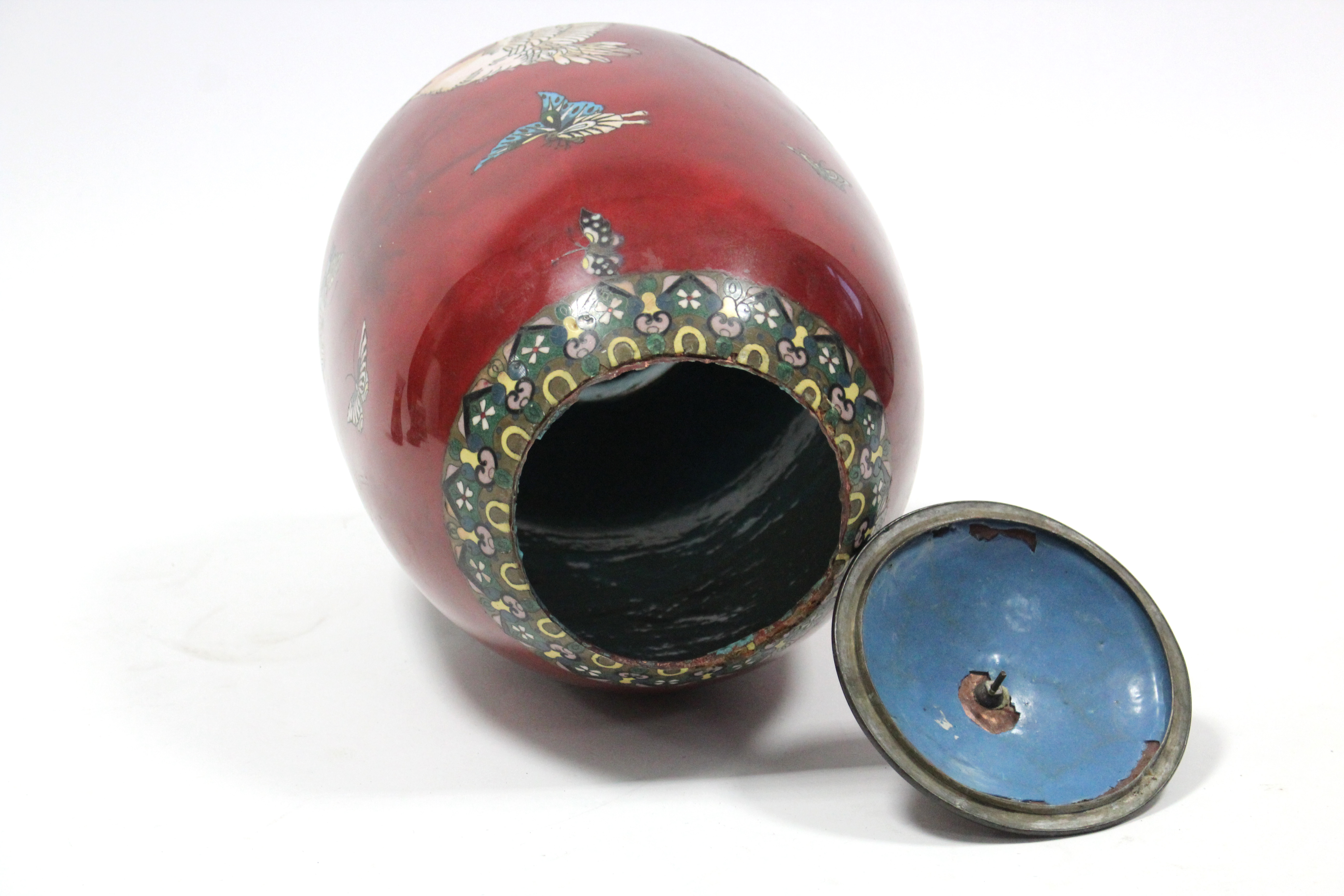 A Japanese cloisonné large ovoid vase & cover of red ground, decorated with birds & butterflies, 20” - Image 2 of 2