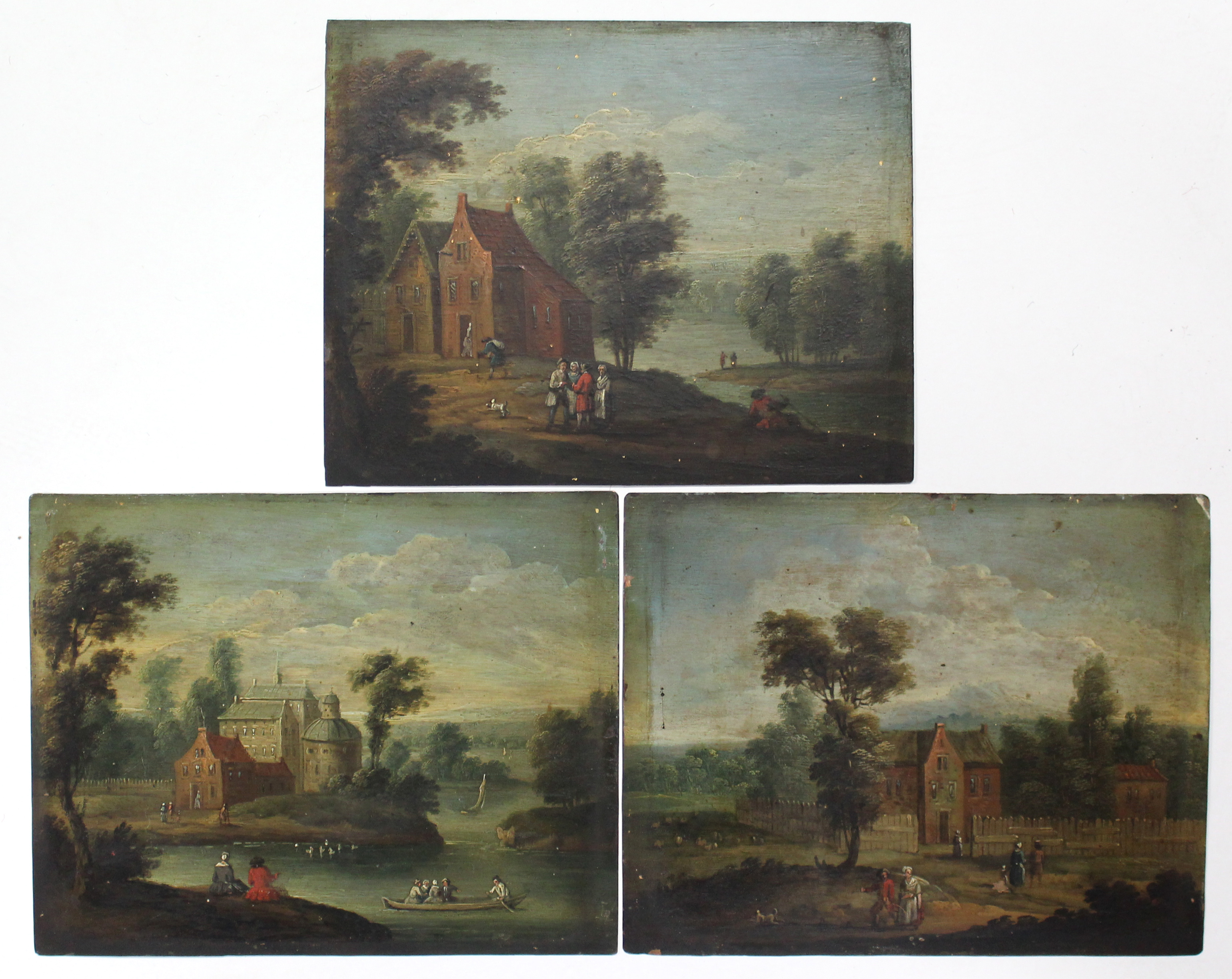 FLEMISH SCHOOL, early 18th century. A set of three rural landscapes with buildings, numerous - Image 2 of 3
