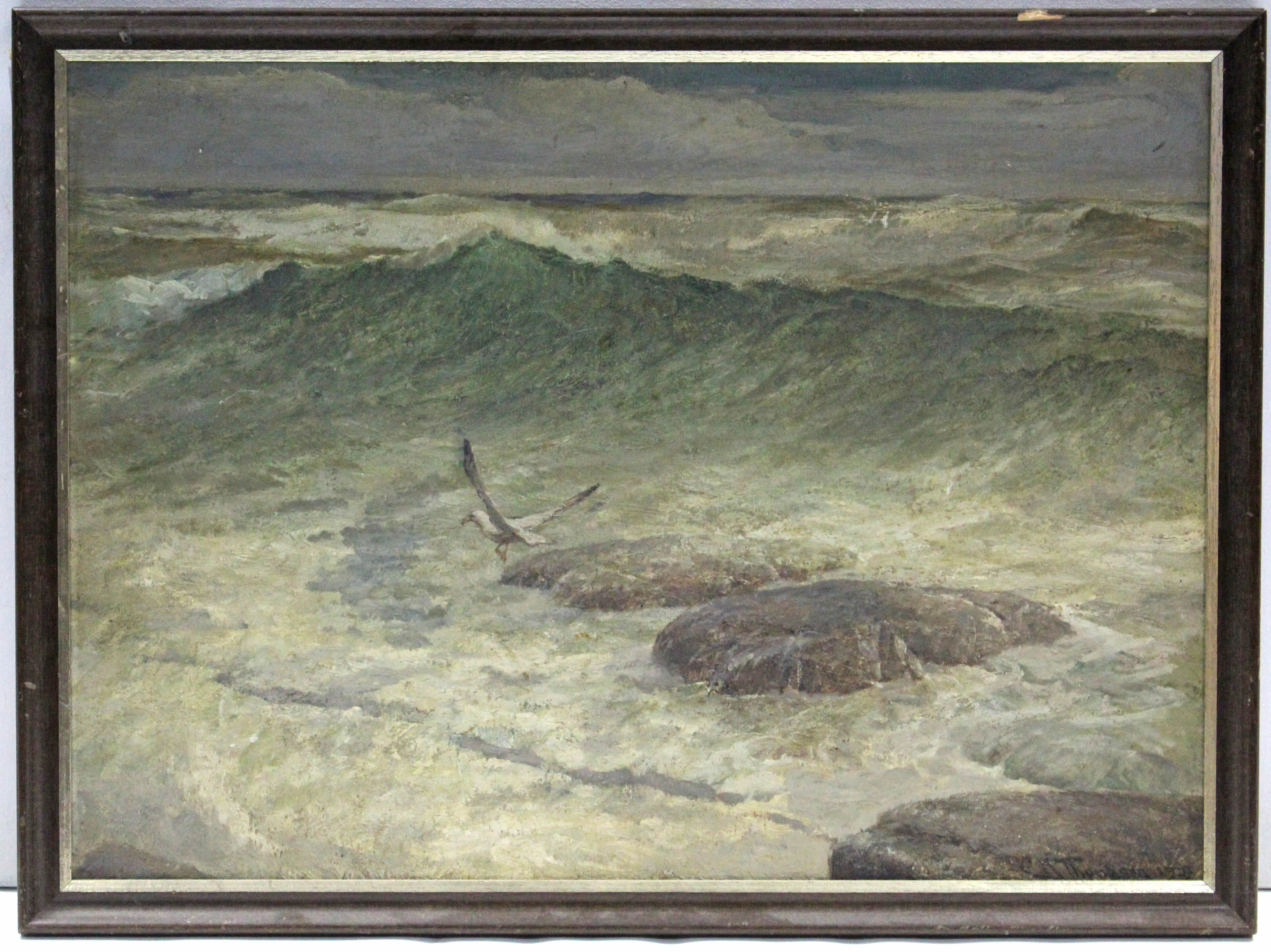 C. H. THOMPSON (early 20th century). A coastal scene with seagull over rocks in rough seas. Signed &