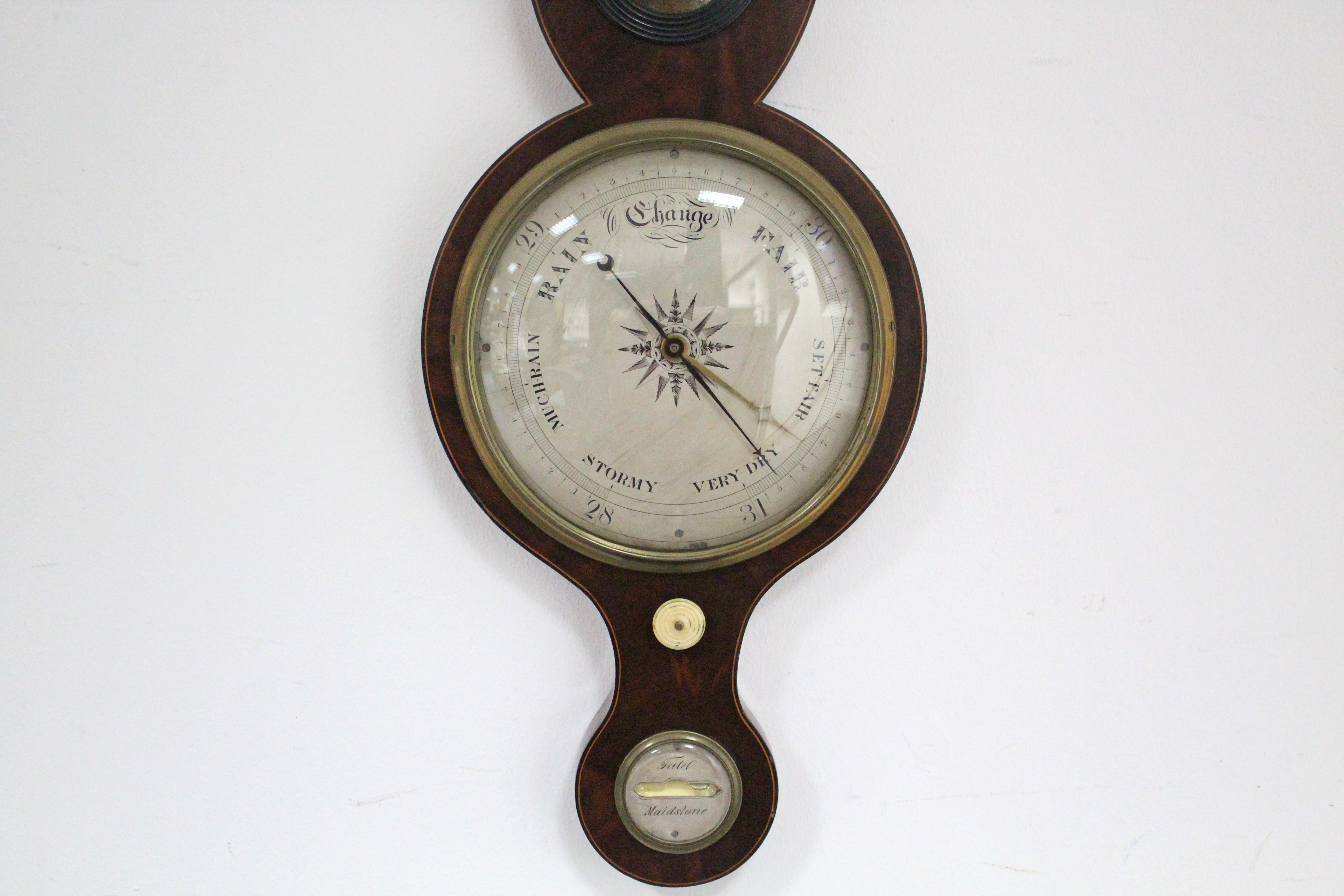 A George III inlaid-mahogany banjo barometer, signed “Tate, Maidstone”, with ivory adjusting knob, - Image 3 of 4