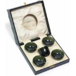 A set of four nephrite circular shallow bowls, 2¾” diam.; & a ditto tumbler, 2” high; in fitted