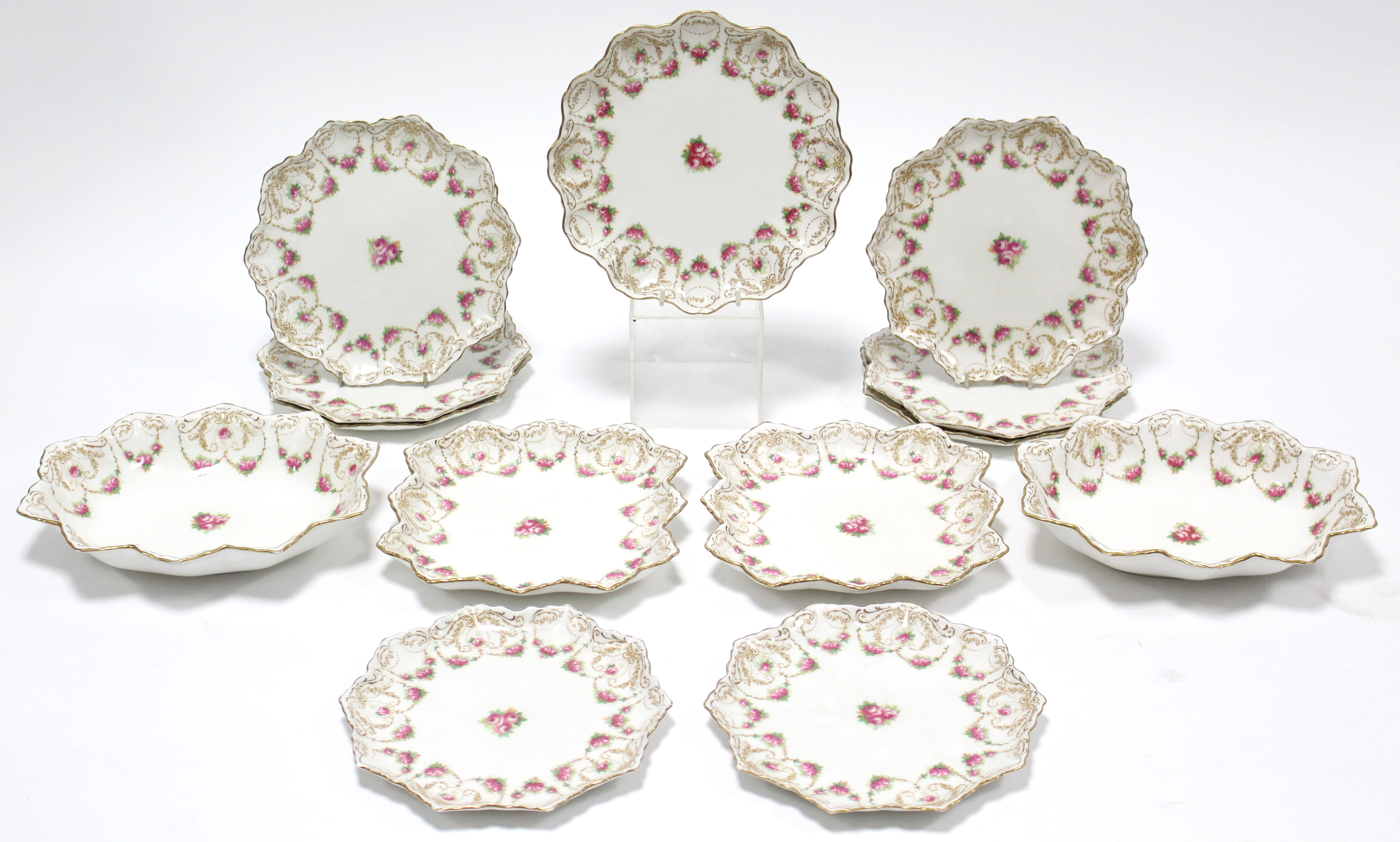 A late 19th century Royal Doulton porcelain thirteen piece part dessert service, with gilt floral