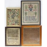 Two needlework samplers, dated 1814 & 1866; a later ditto; & a Chinese embroidered silk panel, all
