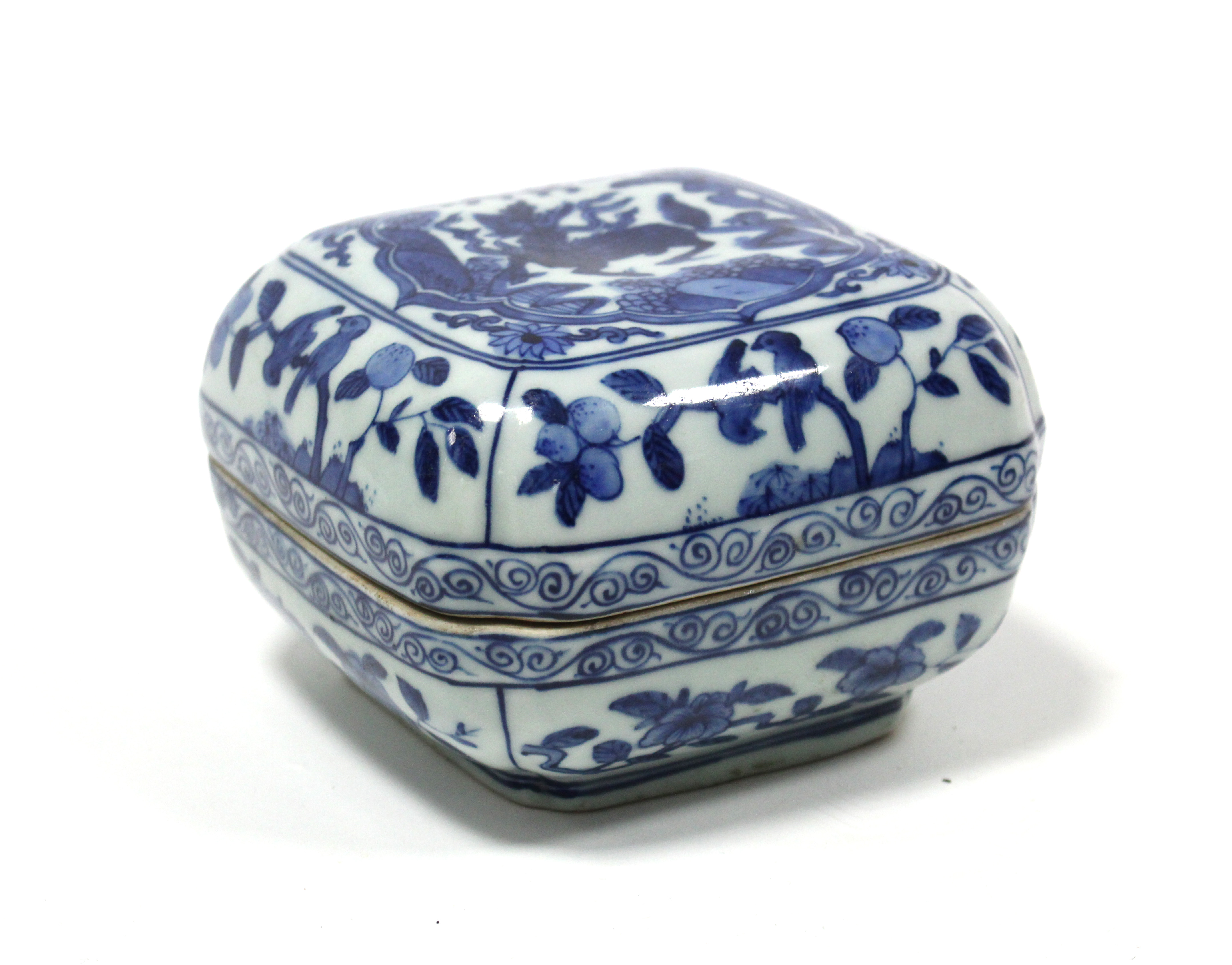 A Chinese blue & white porcelain square box & cover, decorated with Kylin in a landscape, floral