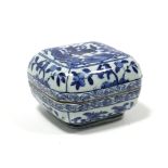 A Chinese blue & white porcelain square box & cover, decorated with Kylin in a landscape, floral