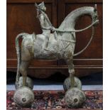 An Indian large cast bronze wheeled equestrian figure of a soldier; 28” high x 24” wide.