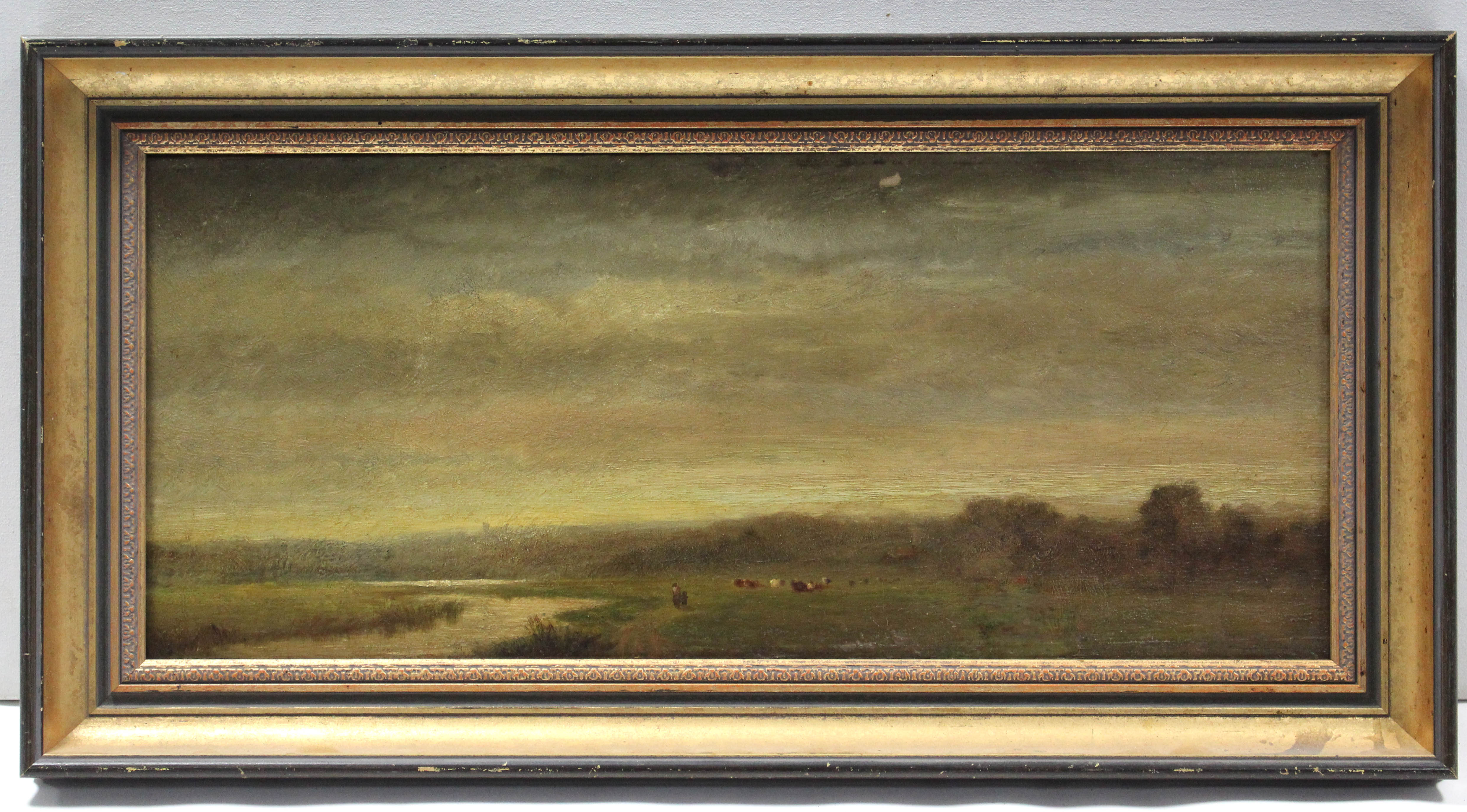 ENGLISH SCHOOL, 19th century. A rural landscape with cattle & figures beside a river. Oil on canvas: